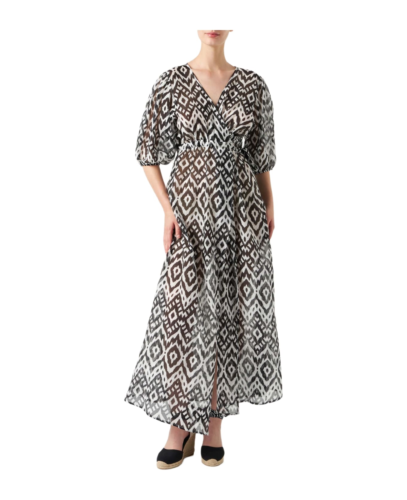MC2 Saint Barth Cotton And Silk Long Dress Bliss With Ikat Print - WHITE