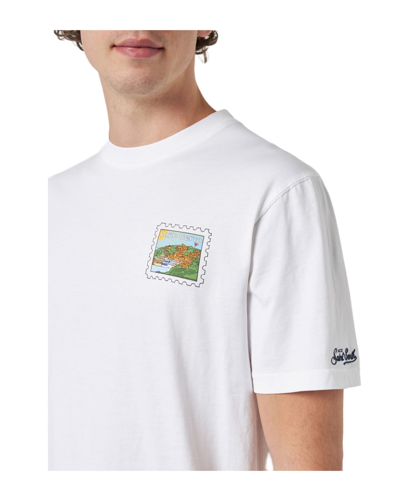 MC2 Saint Barth Man Cotton T-shirt With Porto Cervo Postcard Front And Back Print | Alessandro Enriquez Special Edition - WHITE