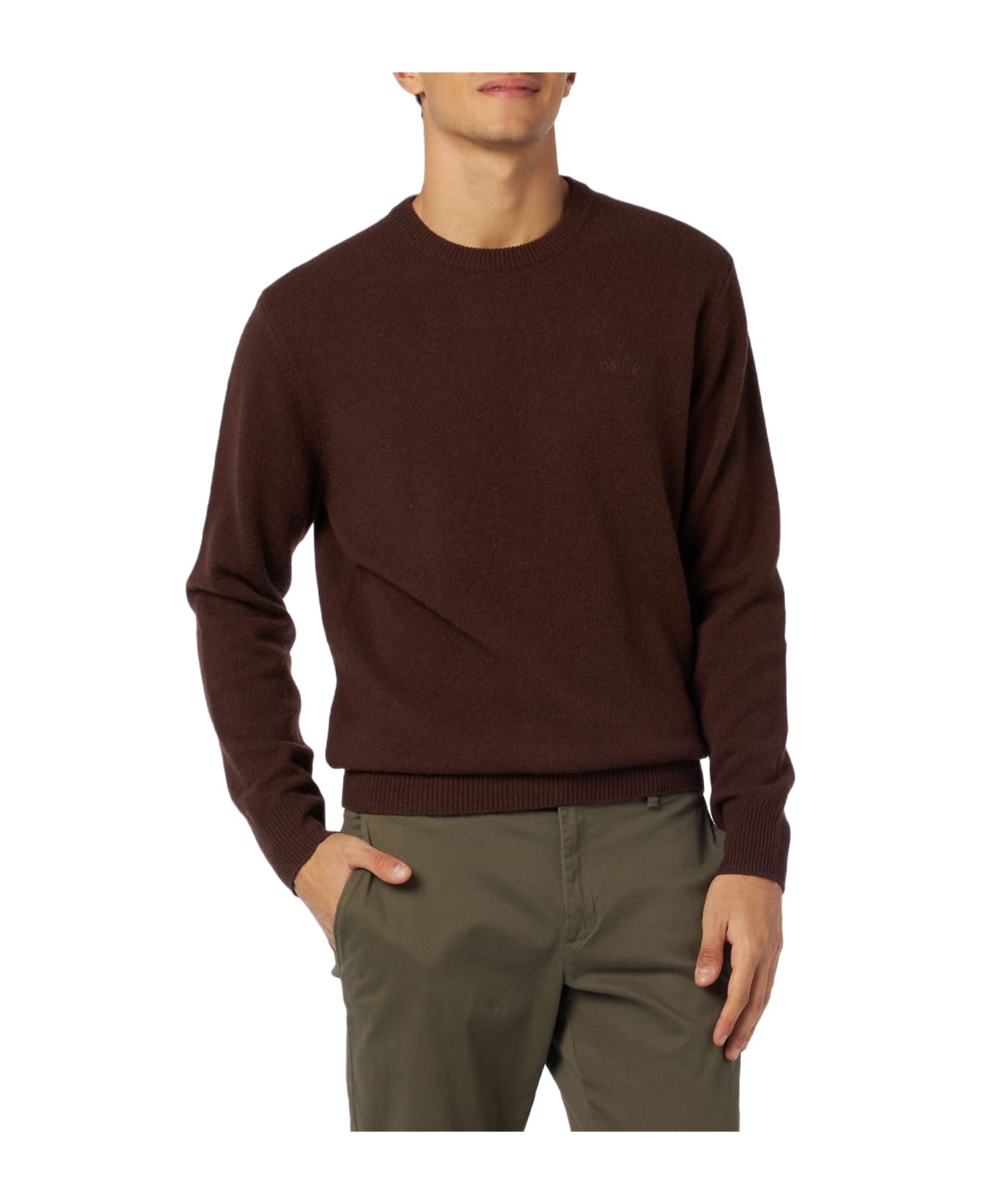 MC2 Saint Barth Man Crewneck Brown Lambswool Sweater With St. Barth Embroidery - BROWN
