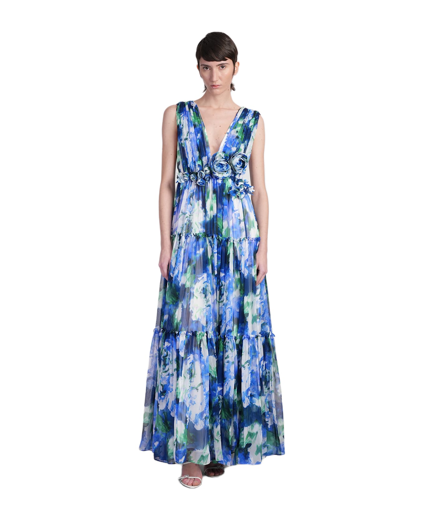 Costarellos Arella Long Dress In Blue Silk - blue