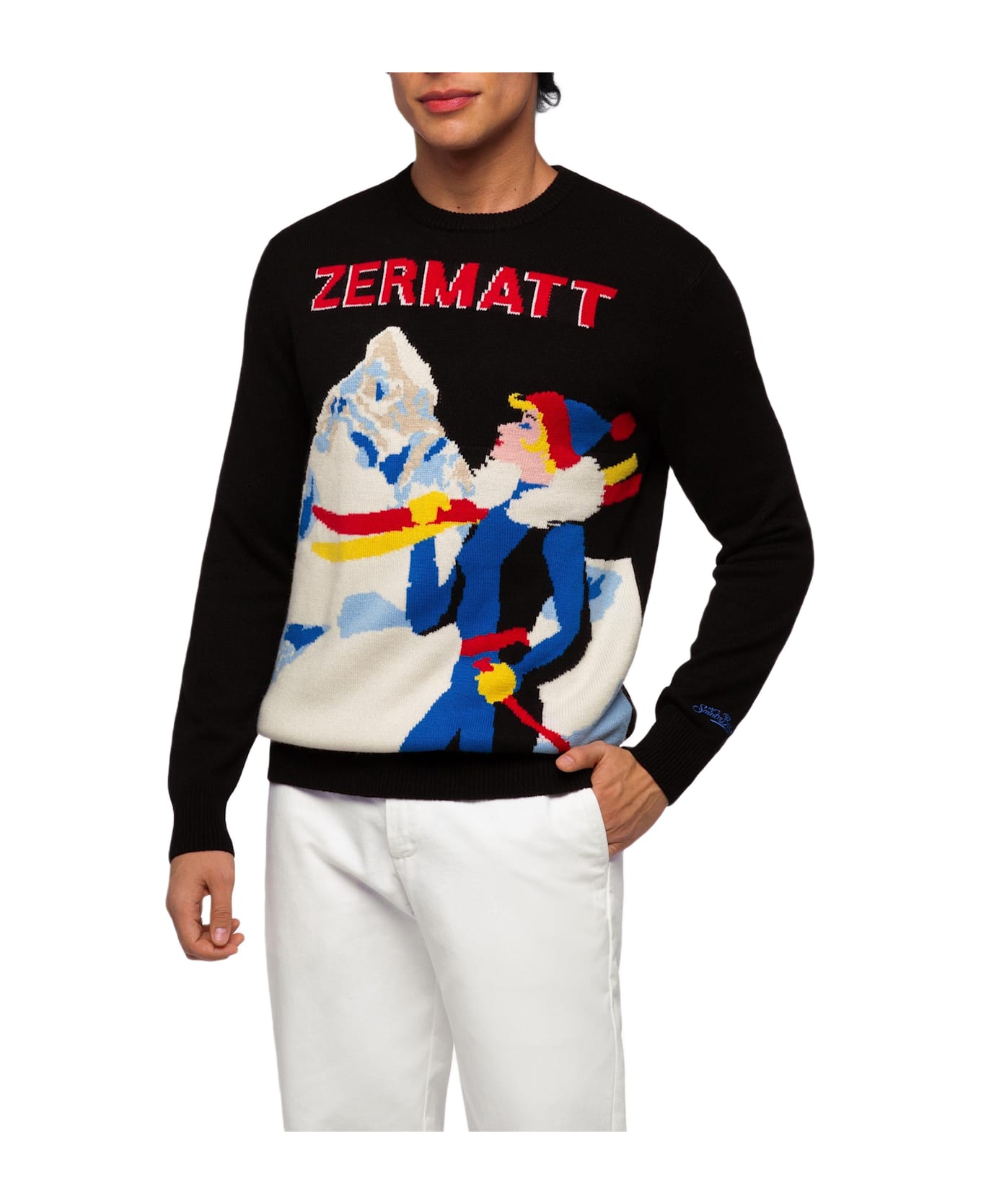 MC2 Saint Barth Crewneck Sweater Heron With Zermatt Postcard Jacquard - BLACK
