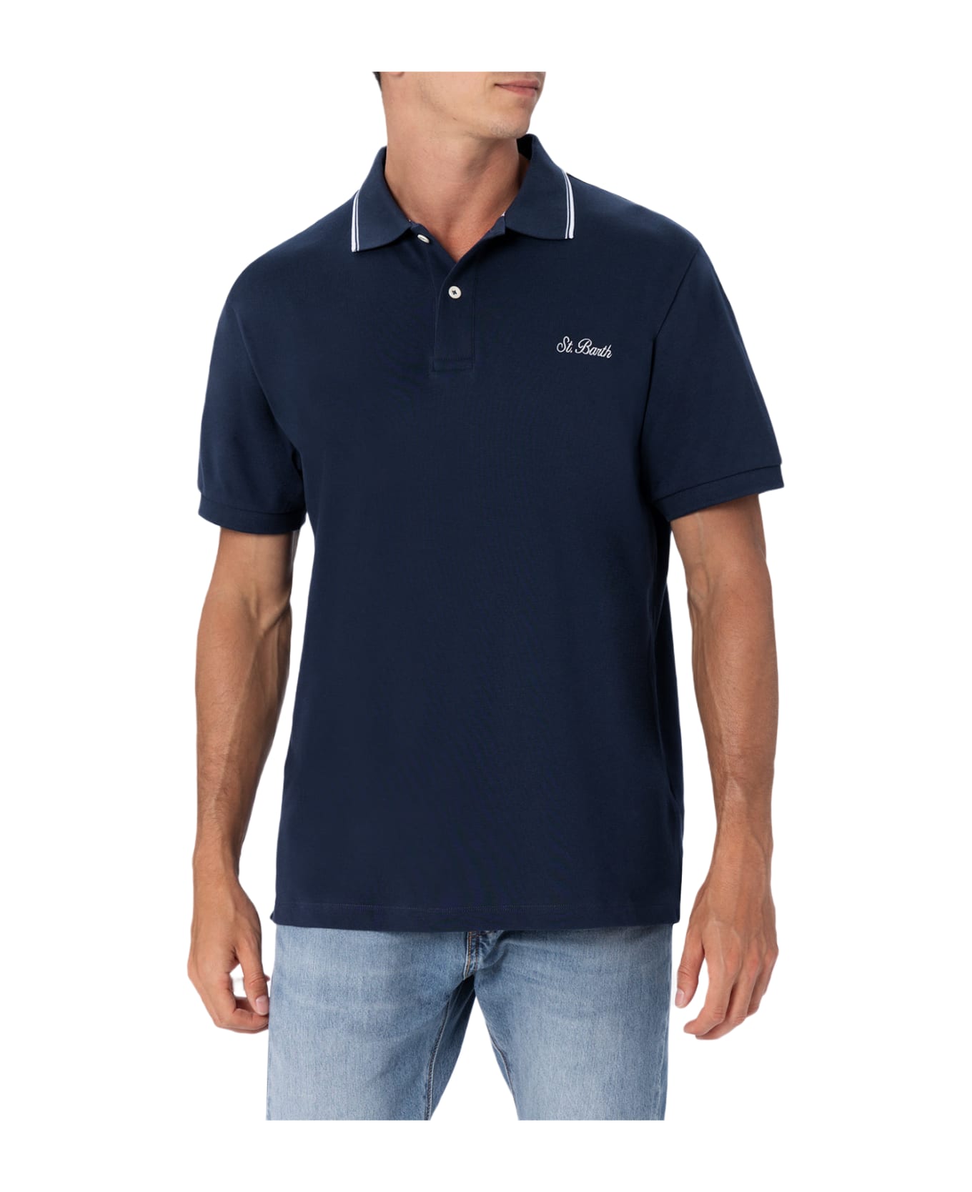 MC2 Saint Barth Man Blue Cotton Piquet Polo Shirt Beverly Hills - BLUE