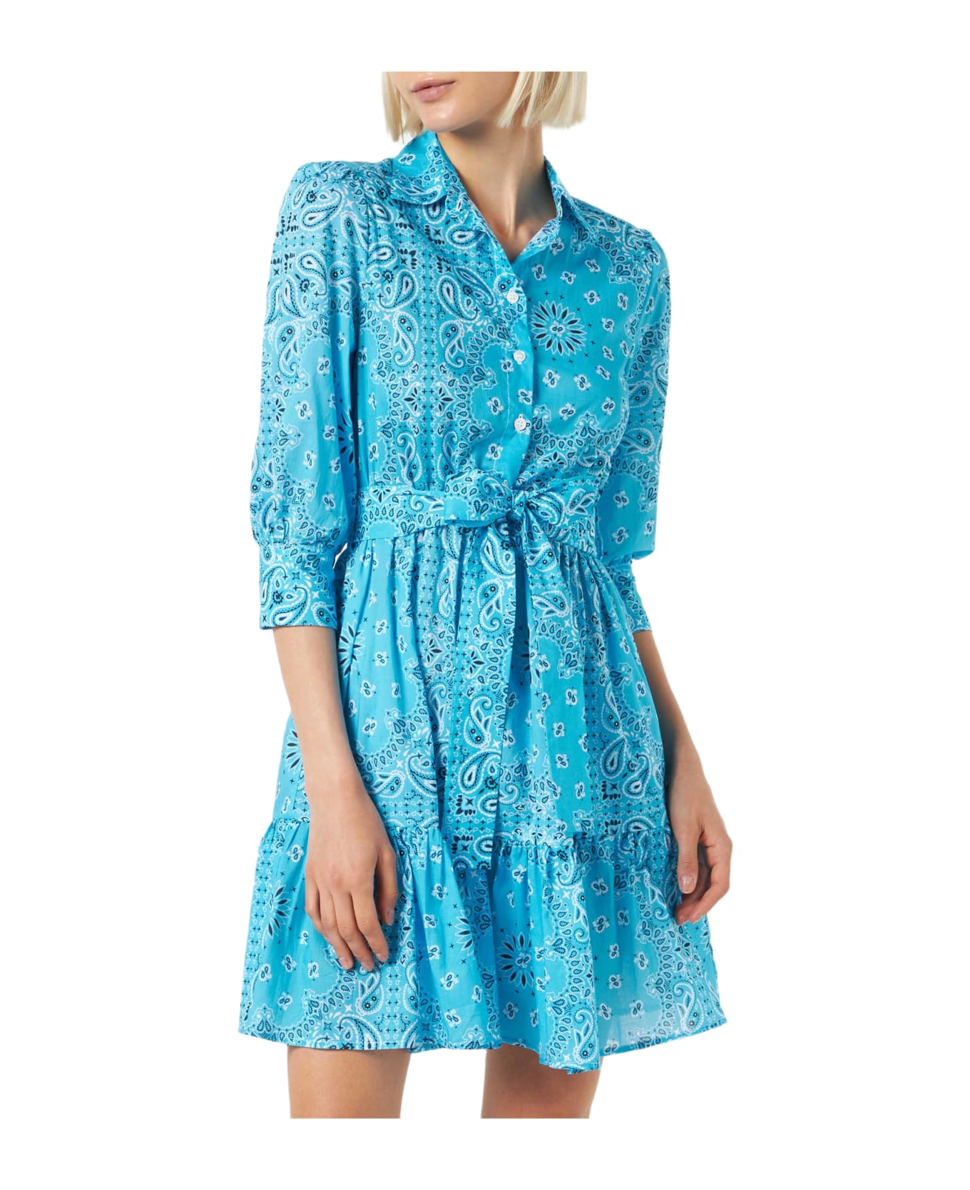 MC2 Saint Barth Bandanna Print Cotton Short Dress Daisy With Embroideries - SKY