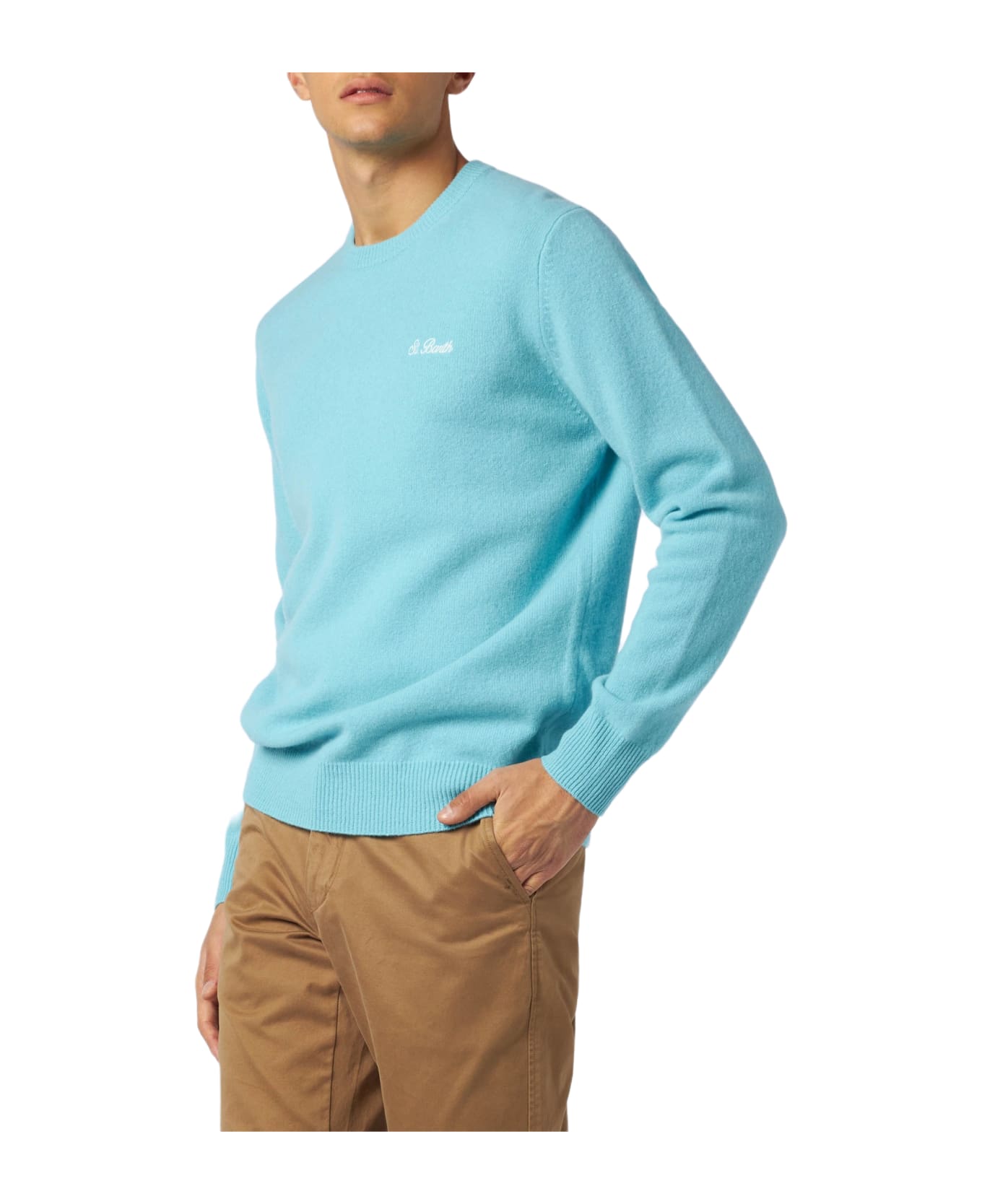 MC2 Saint Barth Man Crewneck Water Green Sweater With St. Barth Embroidery - GREEN