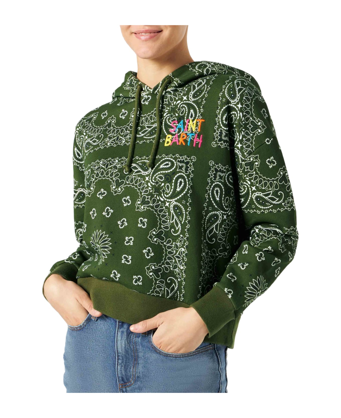 MC2 Saint Barth Woman Hooded Fleece Sweatshirt With Bandanna Print - GREEN