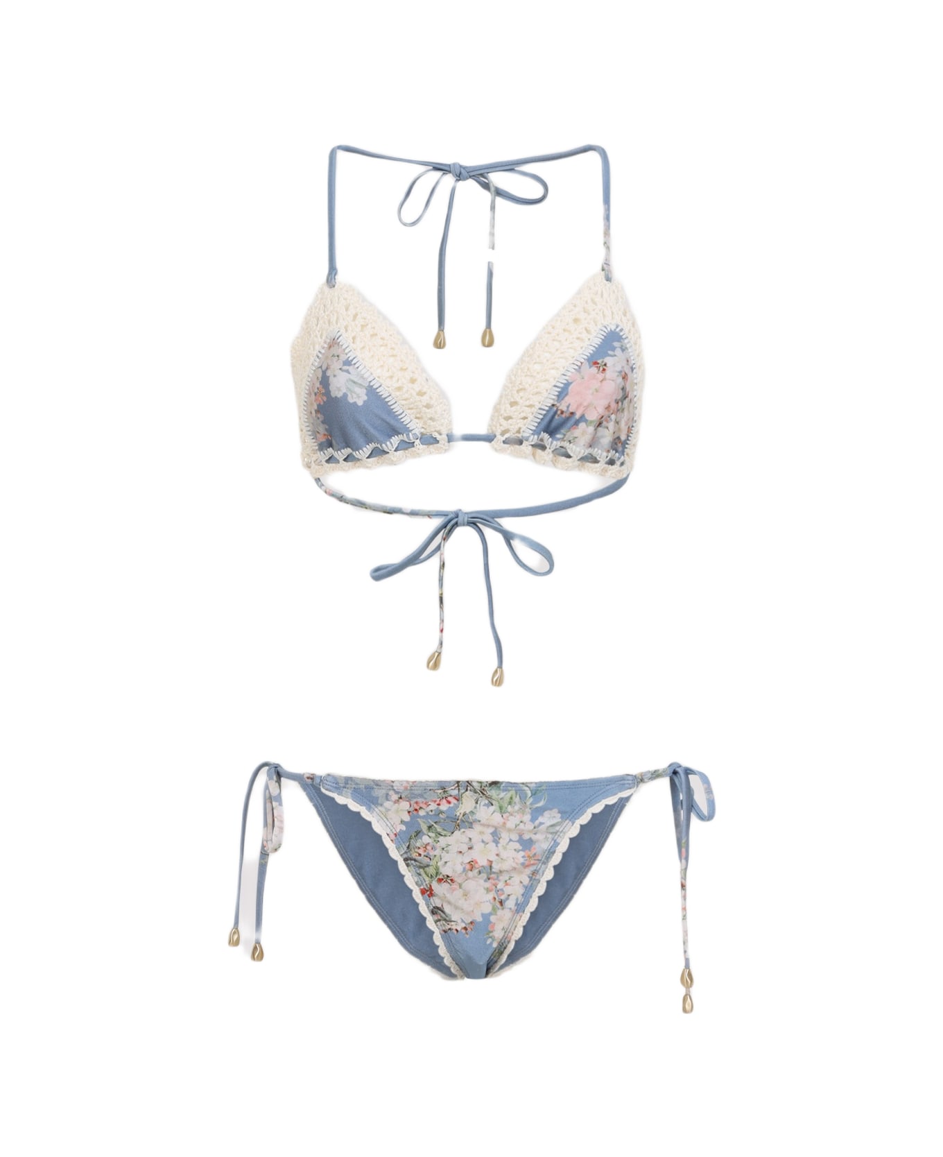 Zimmermann Cascadian Crochet Tri Bikini - Teal Blue Botanical Floral
