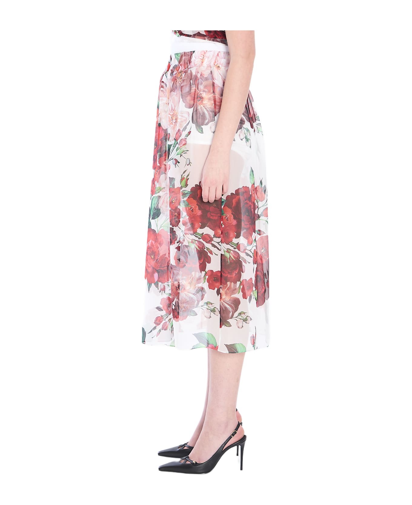 Dolce & Gabbana Longuette Skirt With Rose Print - WHITE