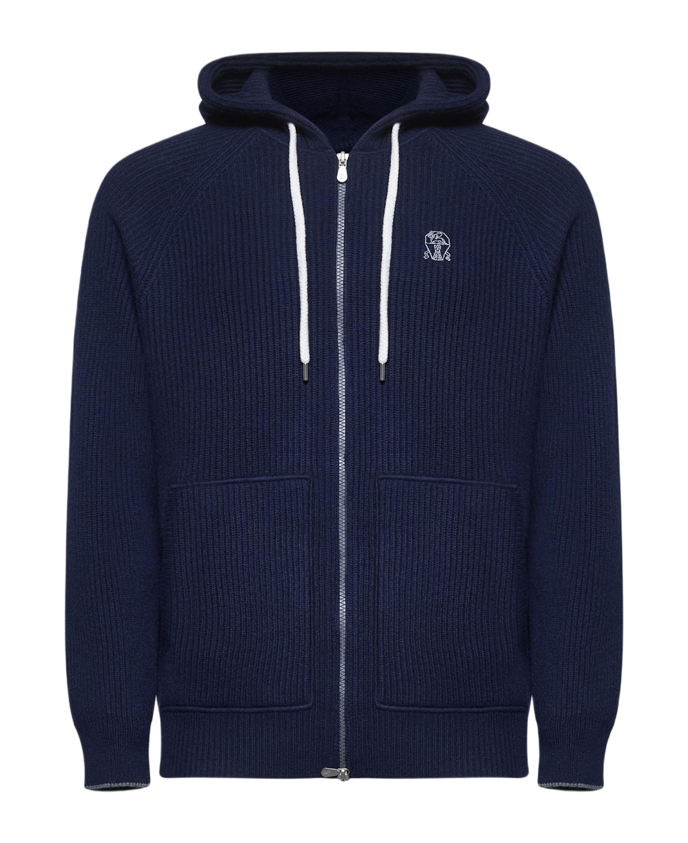 Brunello Cucinelli Blue Cashmere Knit Zip-up Hoodie