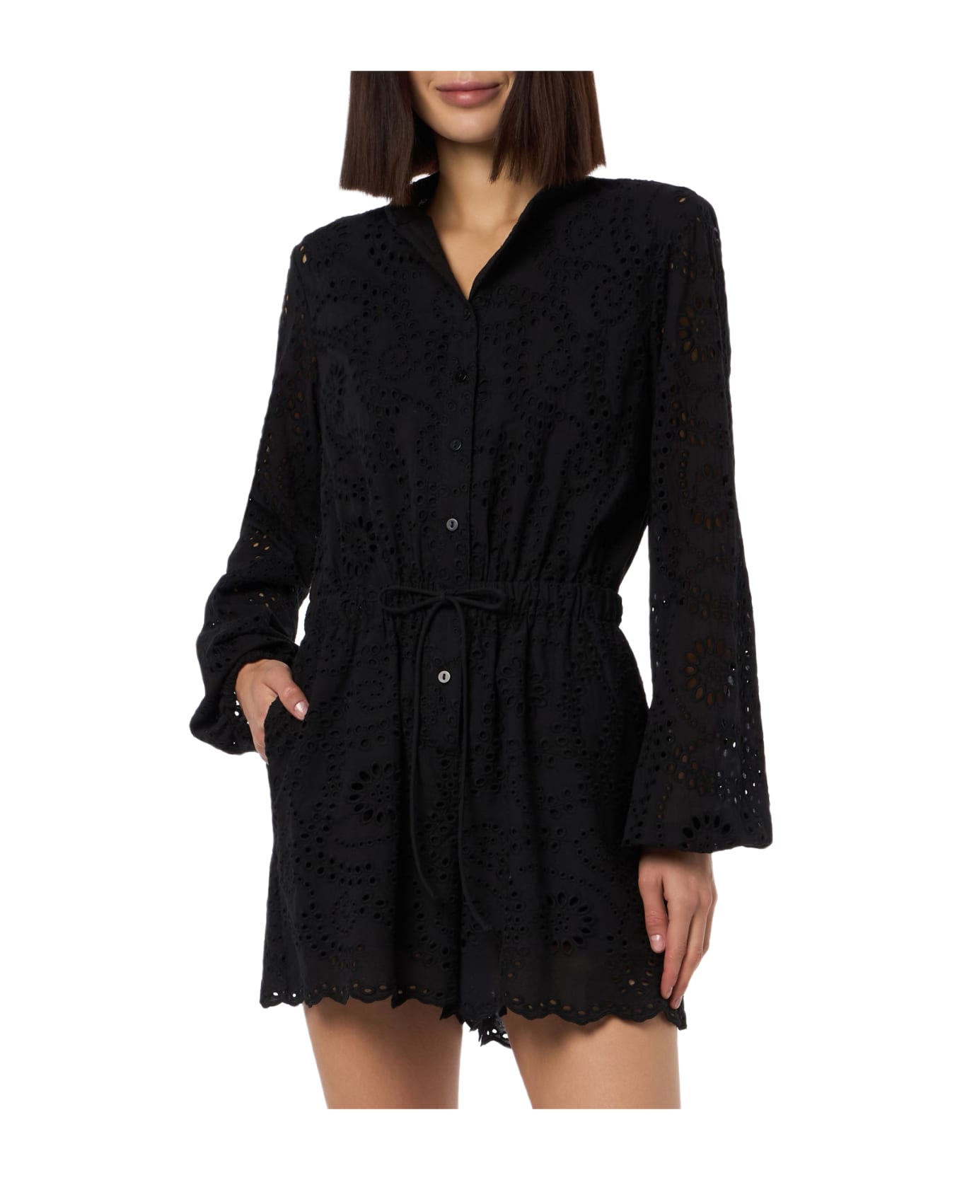 MC2 Saint Barth Woman Black Sangallo Lace Cotton Playsuit Julian - BLACK