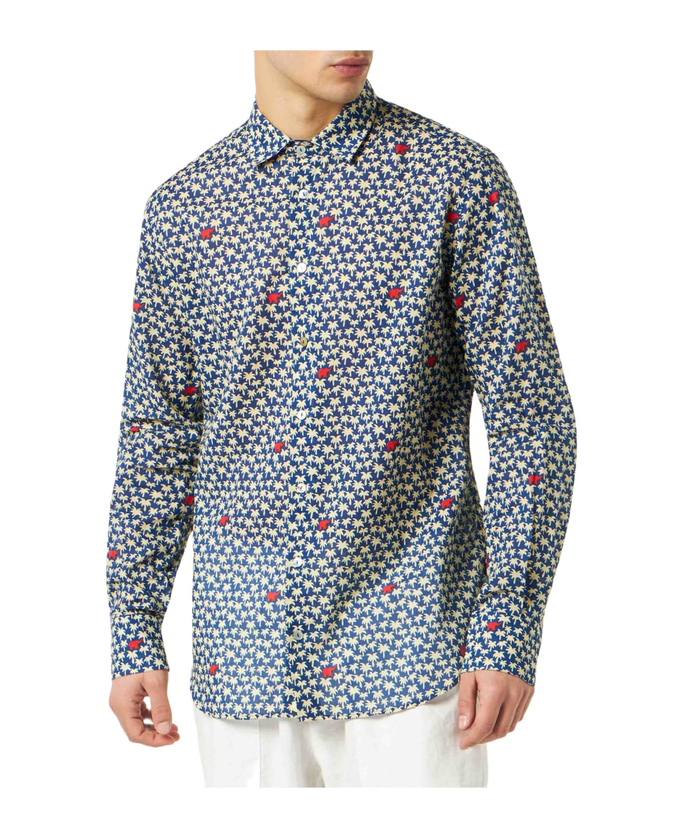 MC2 Saint Barth Man Muslin Cotton Sikelia Shirt With Palm Print - BLUE