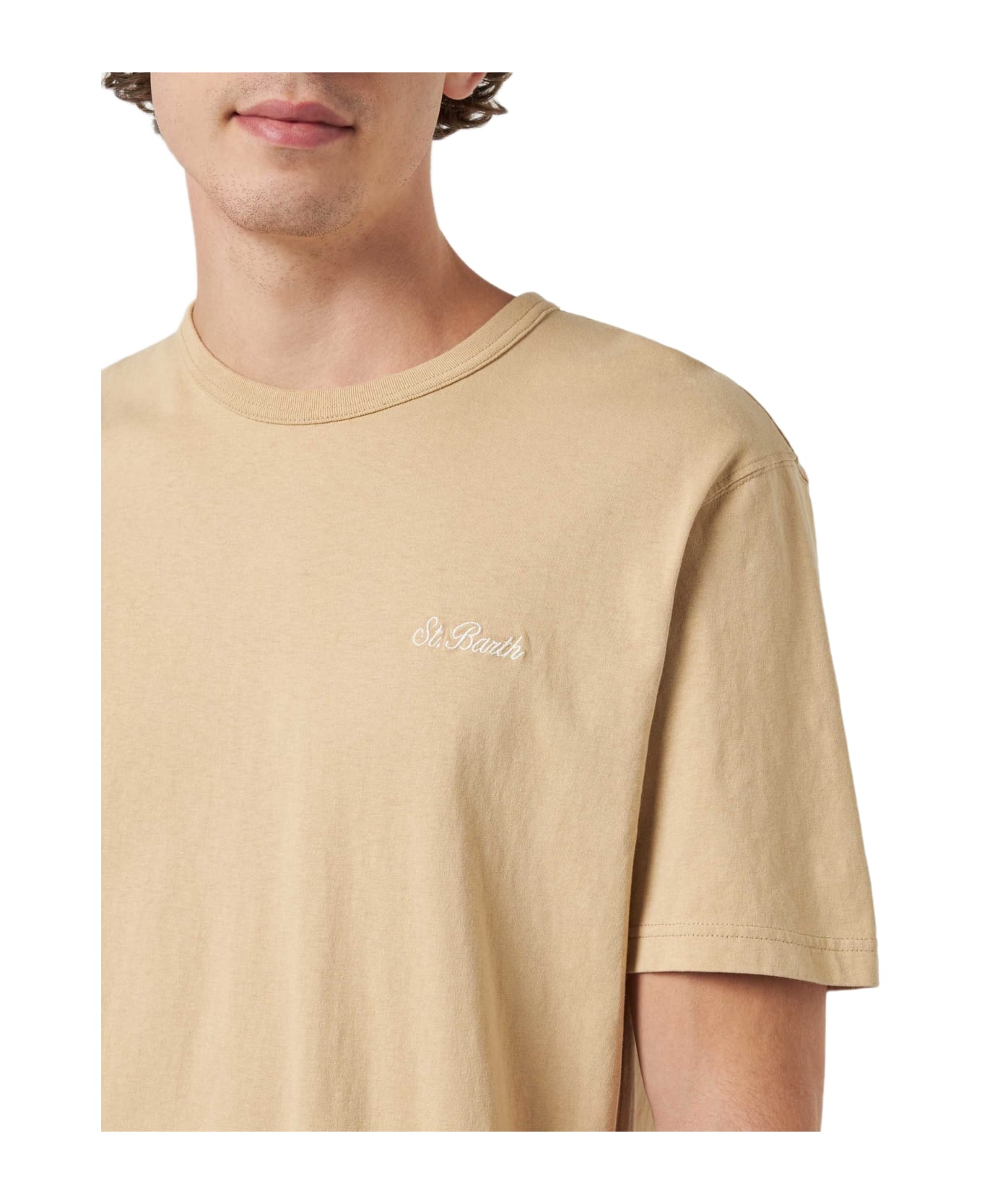 MC2 Saint Barth Man Beige Cotton Jersey T-shirt Dover With St. Barth Embroidery - WHITE