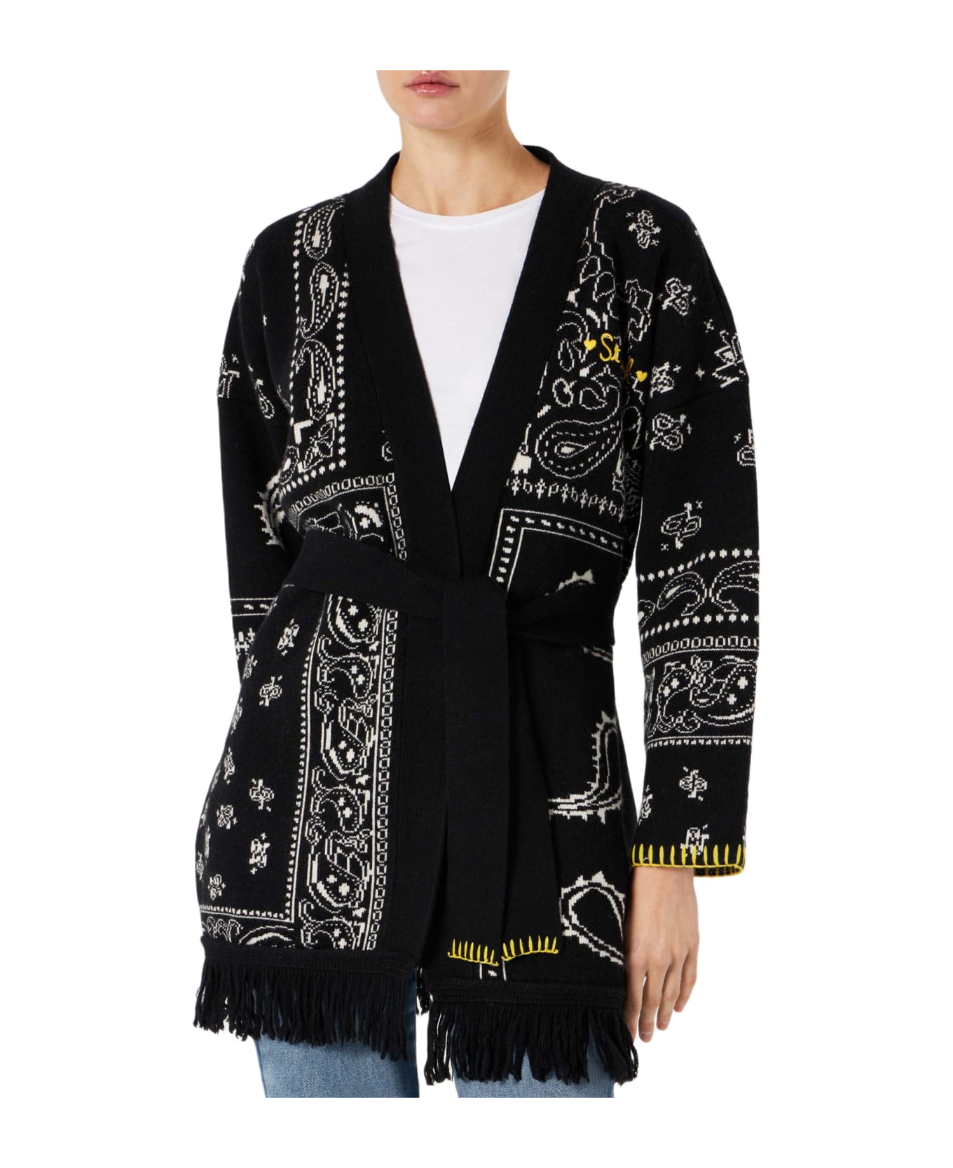 MC2 Saint Barth Woman Bandanna Coat With Belt And St. Barth Embroidery - BLACK