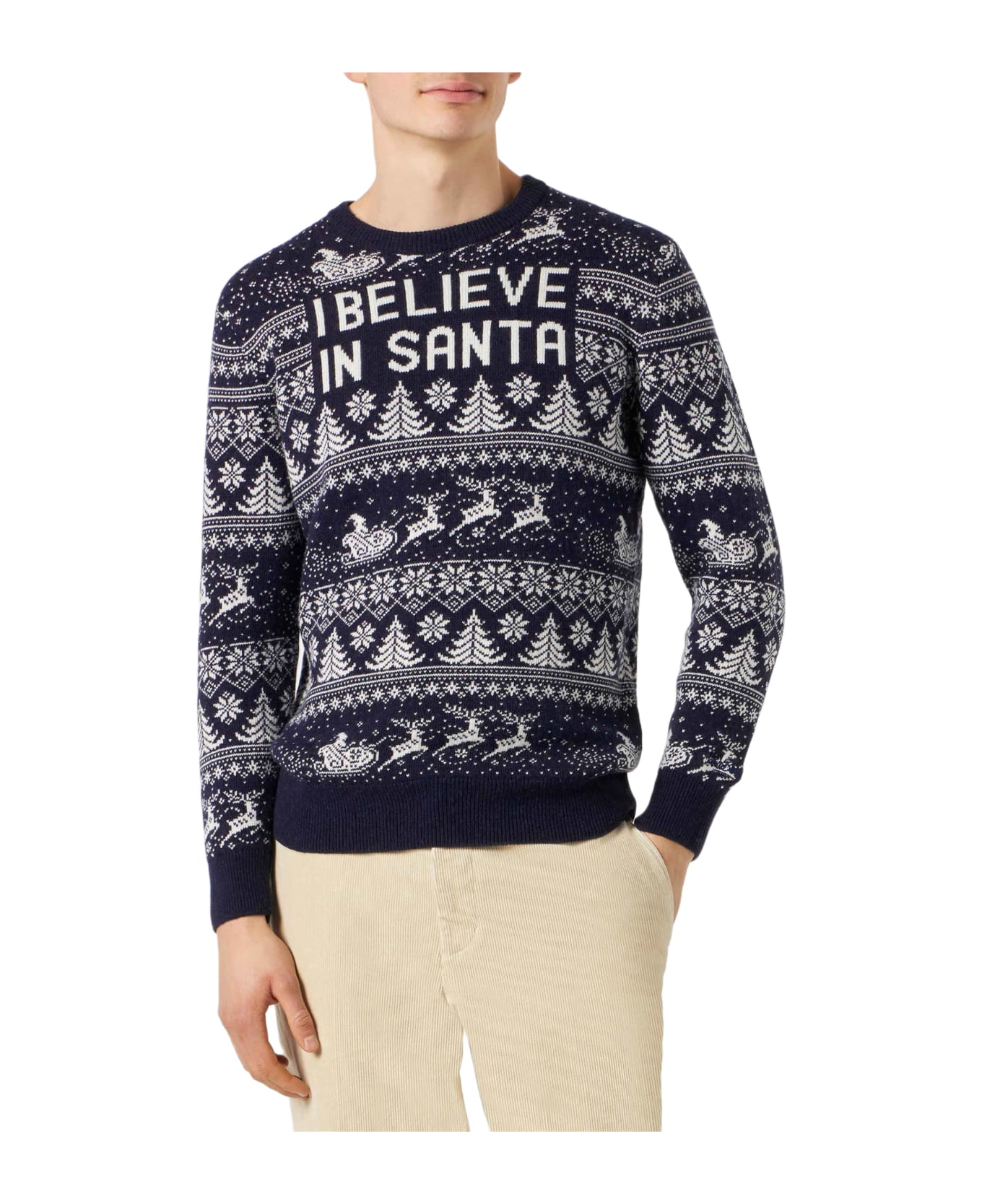 MC2 Saint Barth Man Sweater With I Believe In Santa Lettering - BLUE