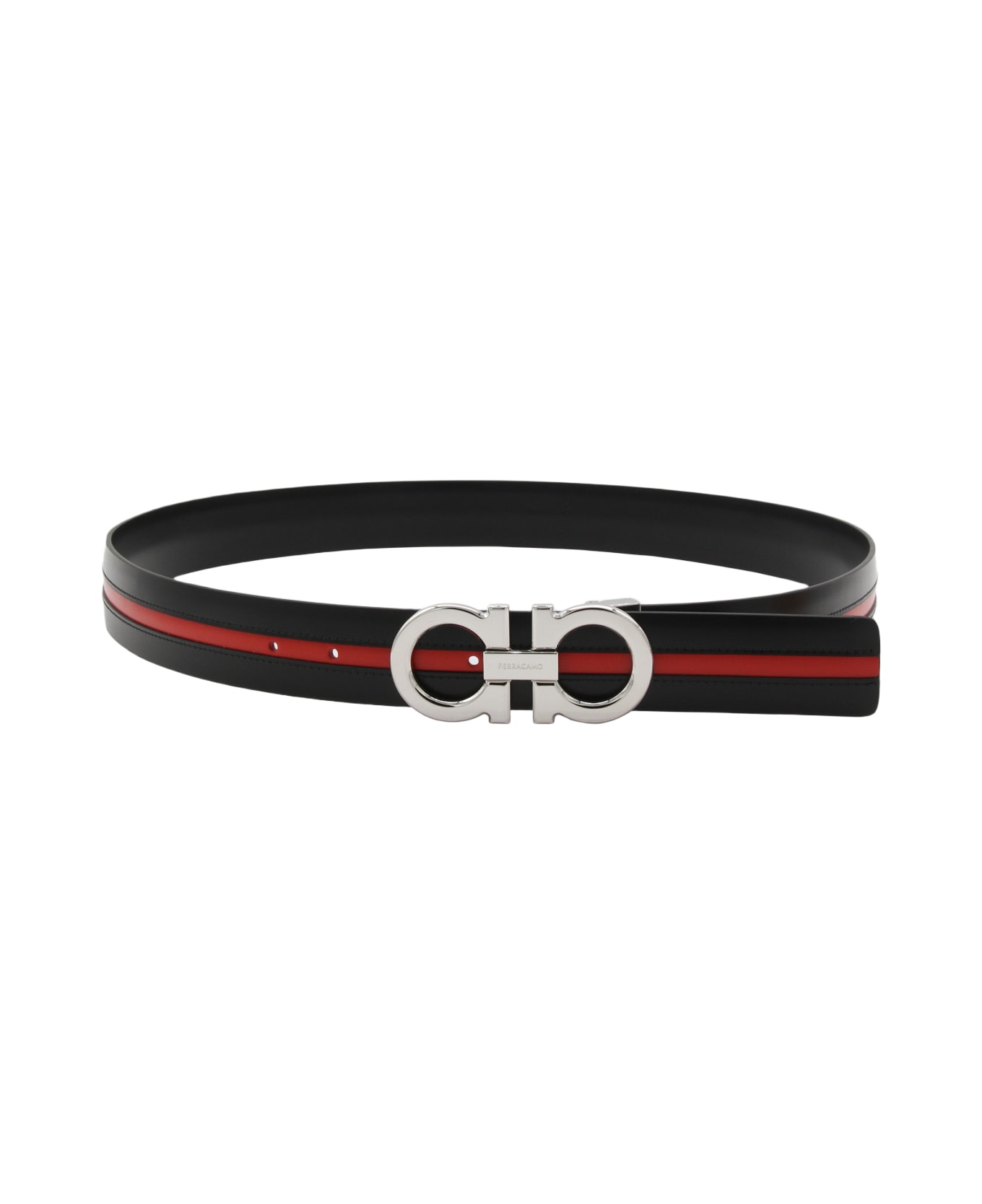 Ferragamo Black And Red Leather Band Gancini Belt - Black