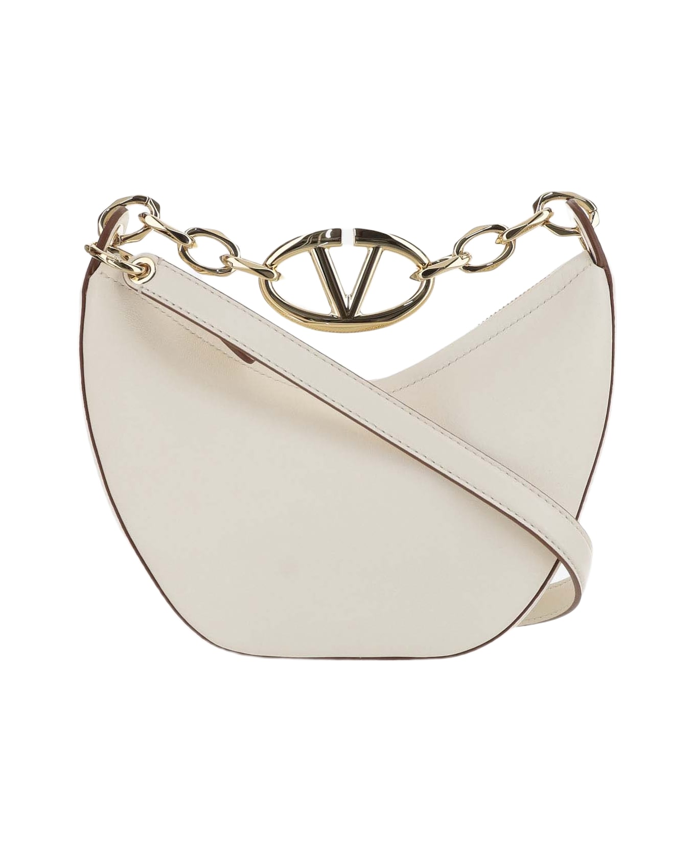 Valentino Garavani Mini Hobo Vlogo Moon Bag In Nappa Leather With Chain - White