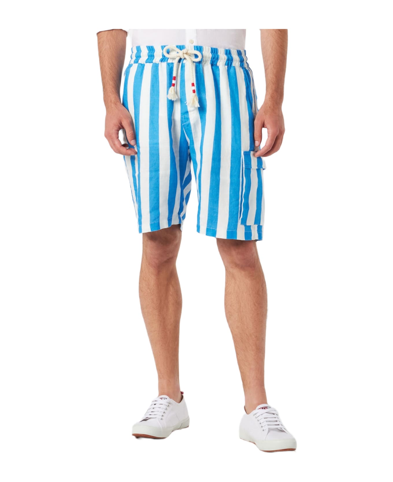 MC2 Saint Barth Man Linen Bermuda Shorts With White And Bluette Stripes - BLUE