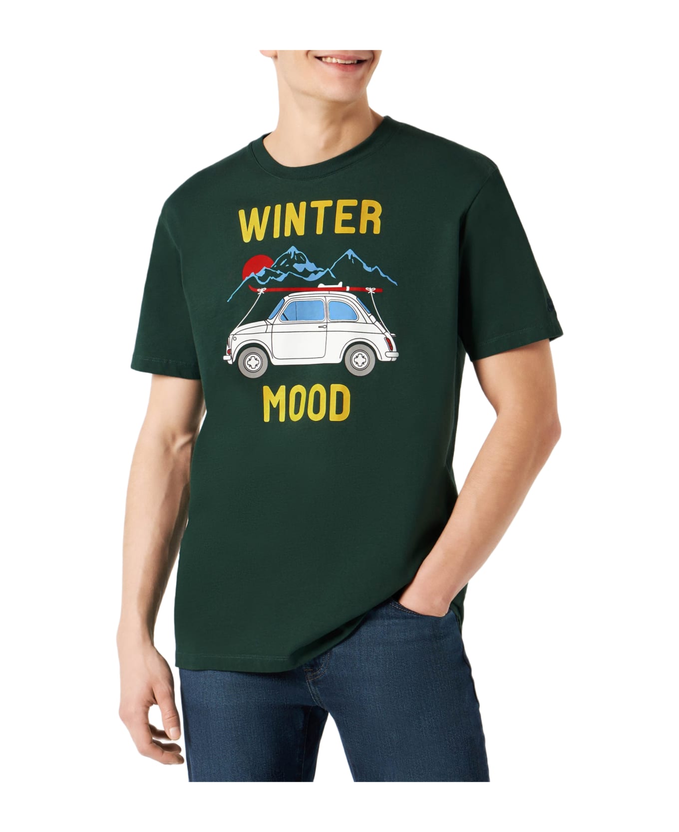 MC2 Saint Barth Man Forest Green T-shirt With Car Print | Fiat 500 Special Edition - GREEN