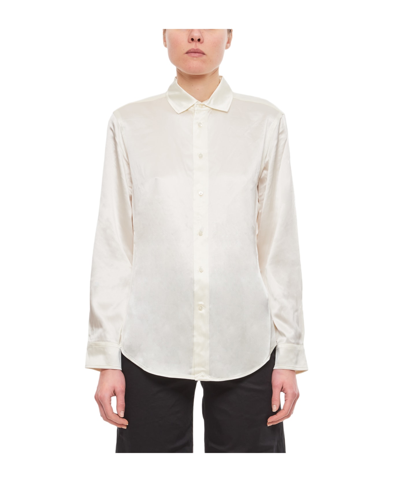 Ralph Lauren Long Sleeve Button Front Silk Shirt - WHITE ブラウス