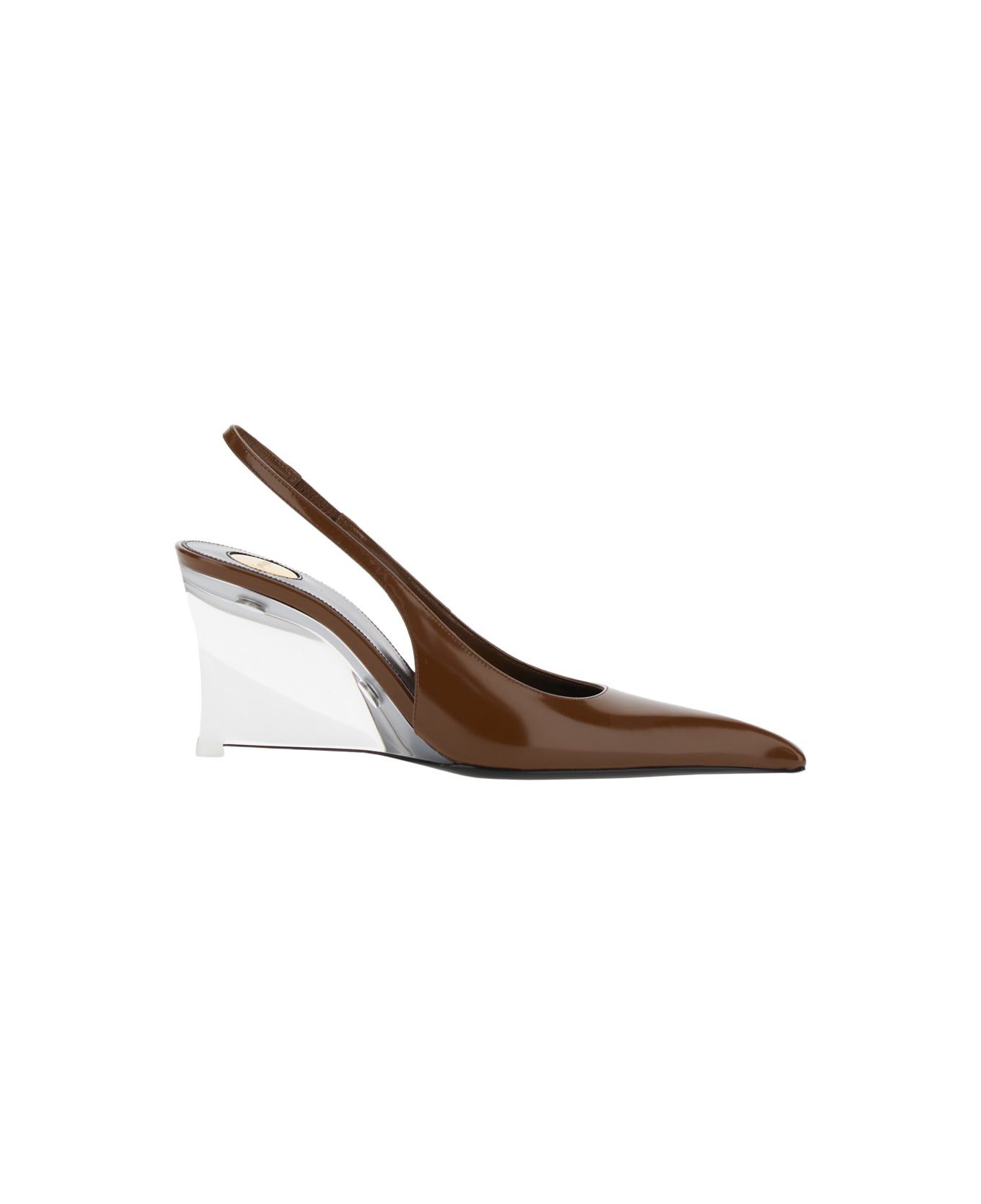 Saint Laurent 'miller' Brown Slingback Pumps With High Wedge Heel In Patent Leather Woman - Brown