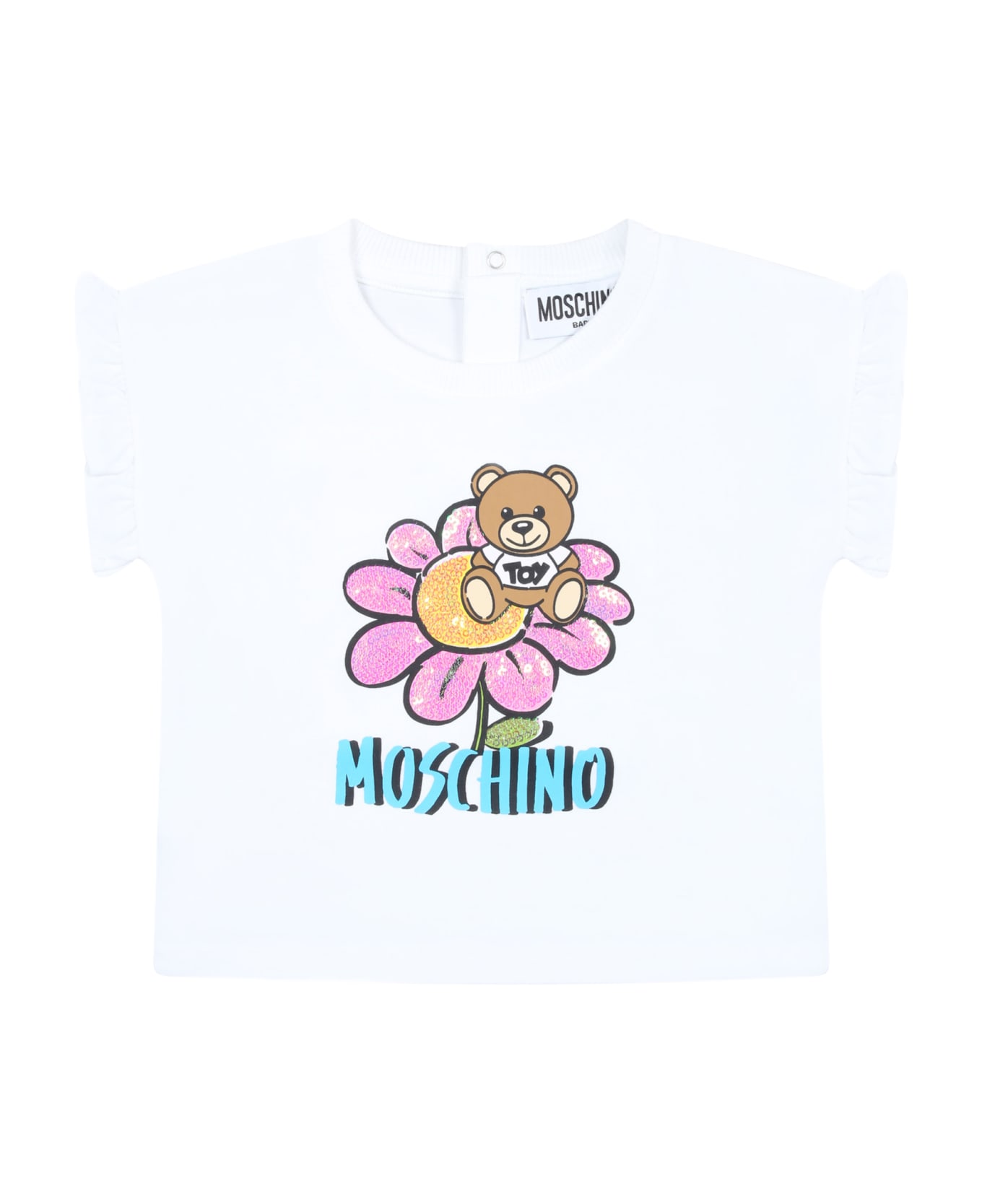 Moschino White T-shirt For Baby Girl With Teddy Bear And Flowers - White
