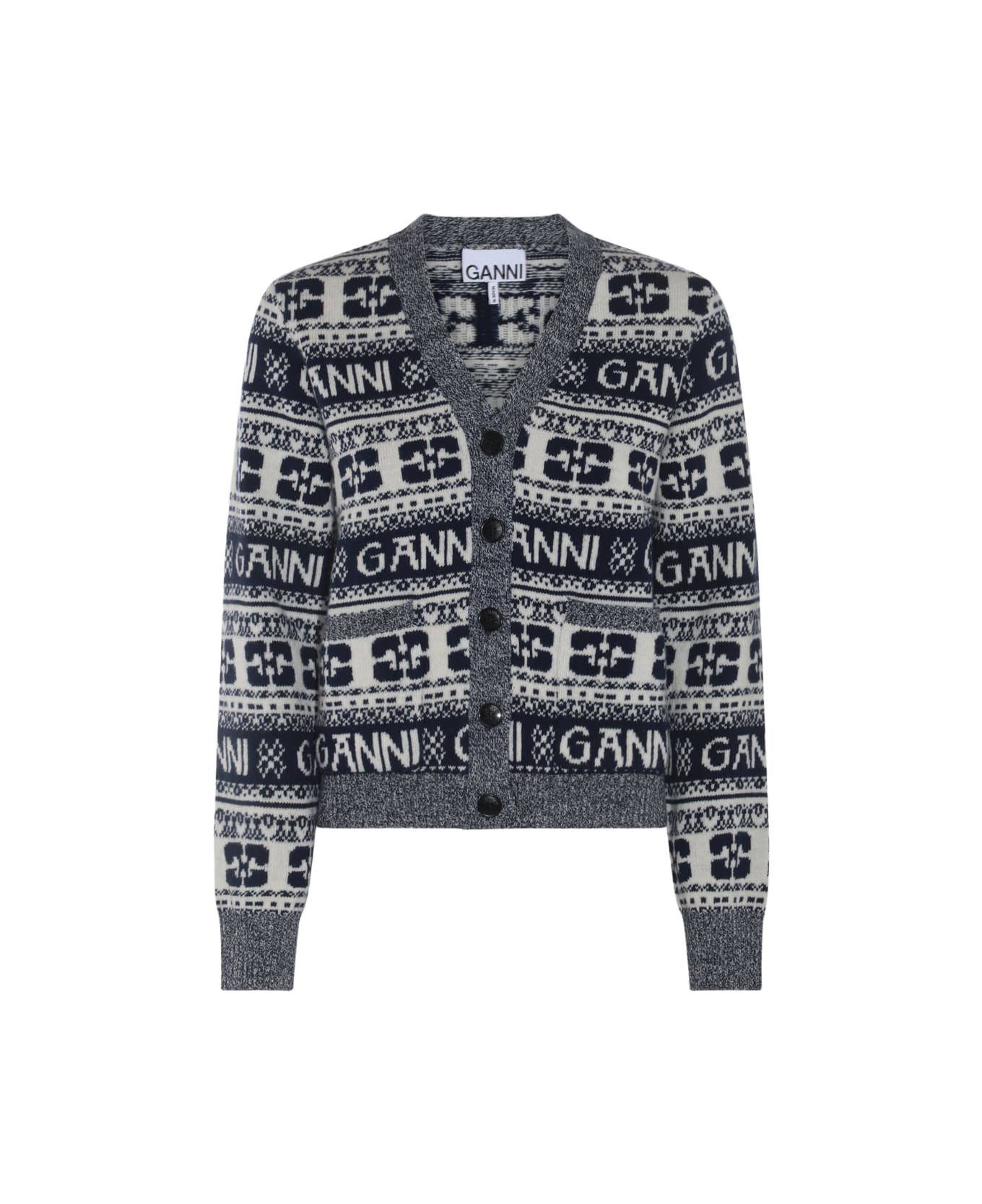 Ganni Navy Blue And White Wool Blend Cardigan - Sky Captain