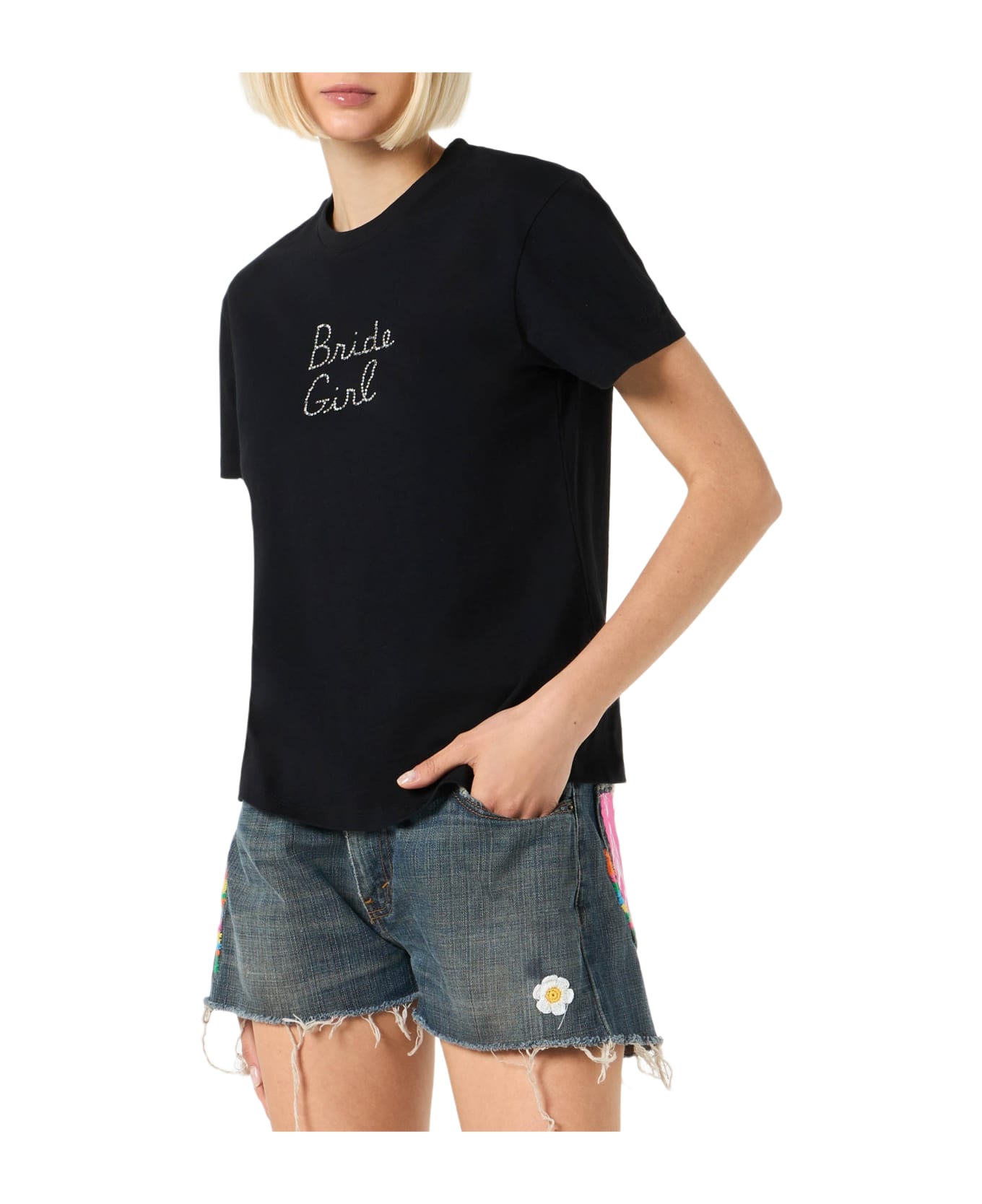 MC2 Saint Barth Woman Cotton T-shirt With Bride Girl Rhinestone Embroidery - BLACK