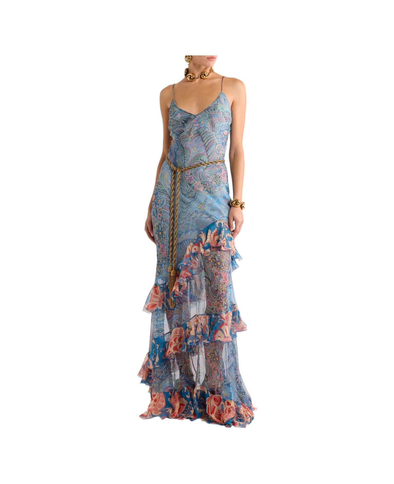 Etro Printed Silk Long Dress - Clear Blue