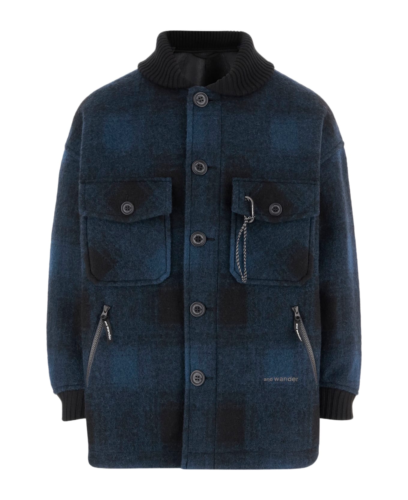 And Wander Checked Wool Blend Jacket - Blue