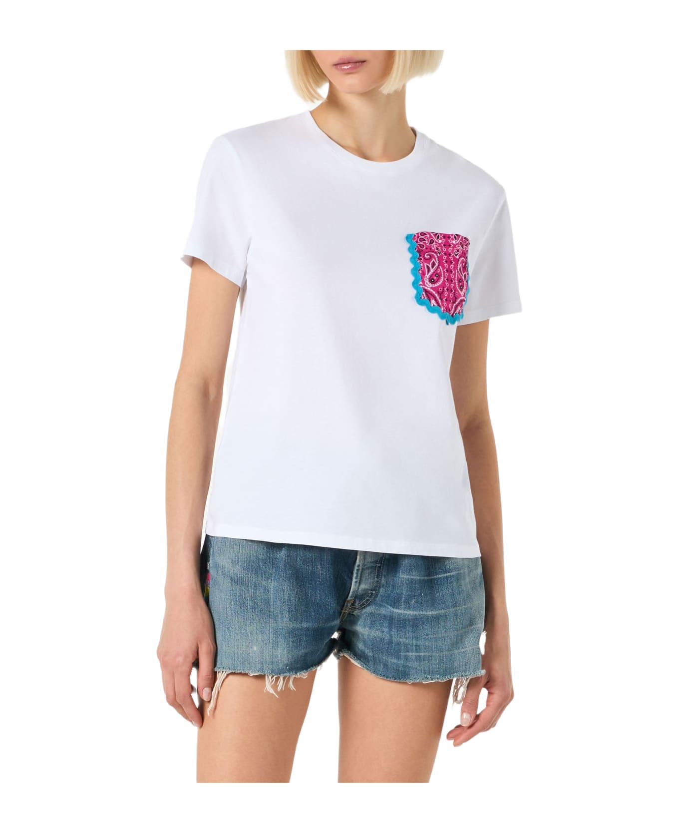 MC2 Saint Barth Woman Cotton T-shirt With Bandanna Print Pocket - WHITE