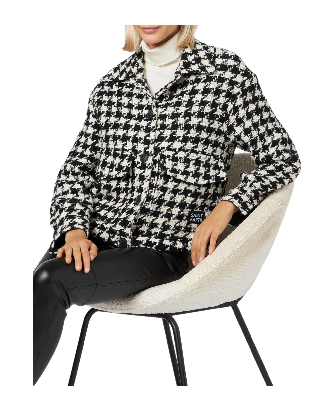 MC2 Saint Barth Woman Cropped Overshirt With Pied De Poul Print - BLACK