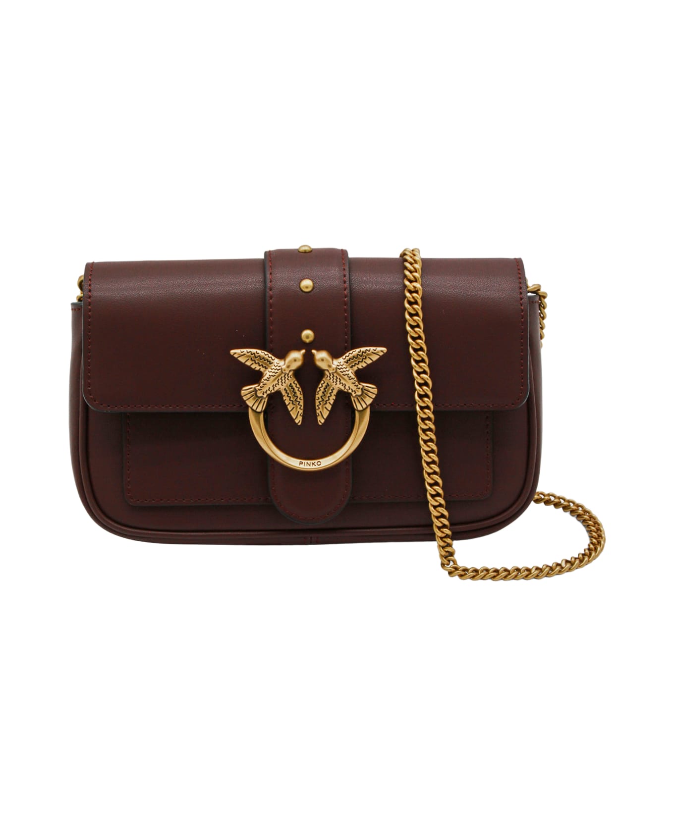 Pinko Brown Leather Love One Simply Pocket Shoulder Bag - Marrone scuro