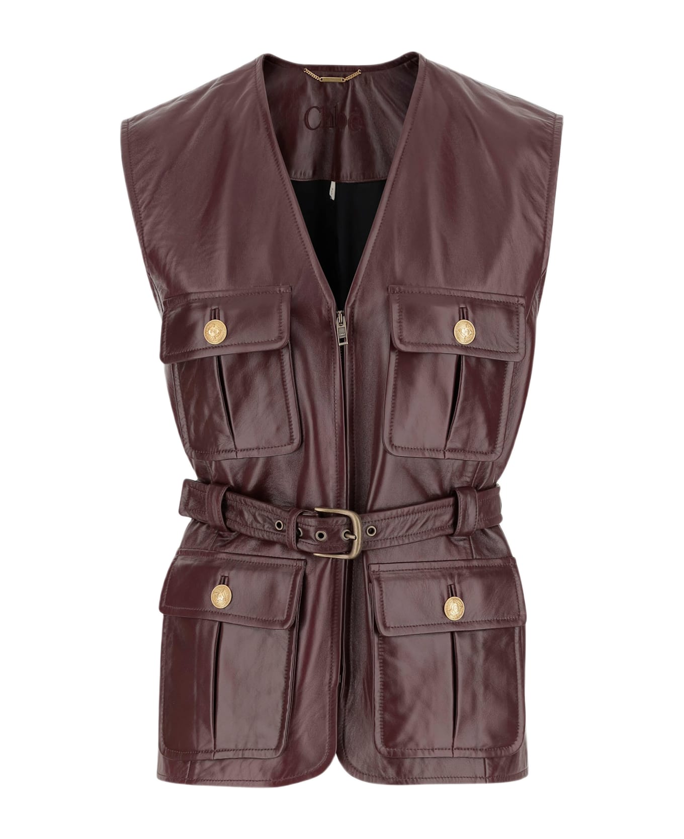 Chloé Leather Vest With Pockets And Belt - Red