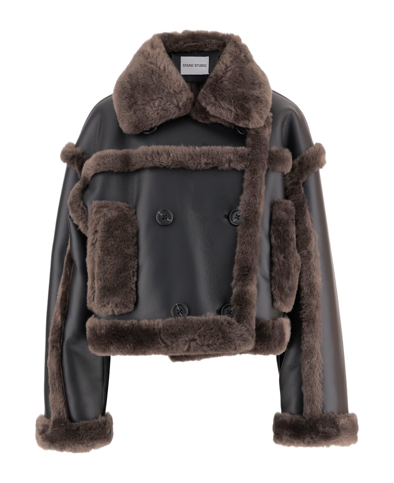 STAND STUDIO Kristy Synthetic Leather Jacket With Fur Details - Black
