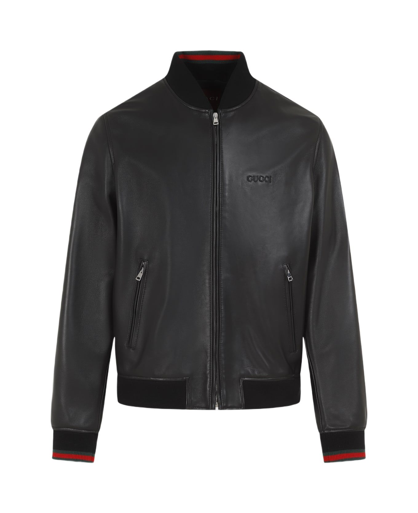Gucci Leather Bomber Jacket - Black Green Red