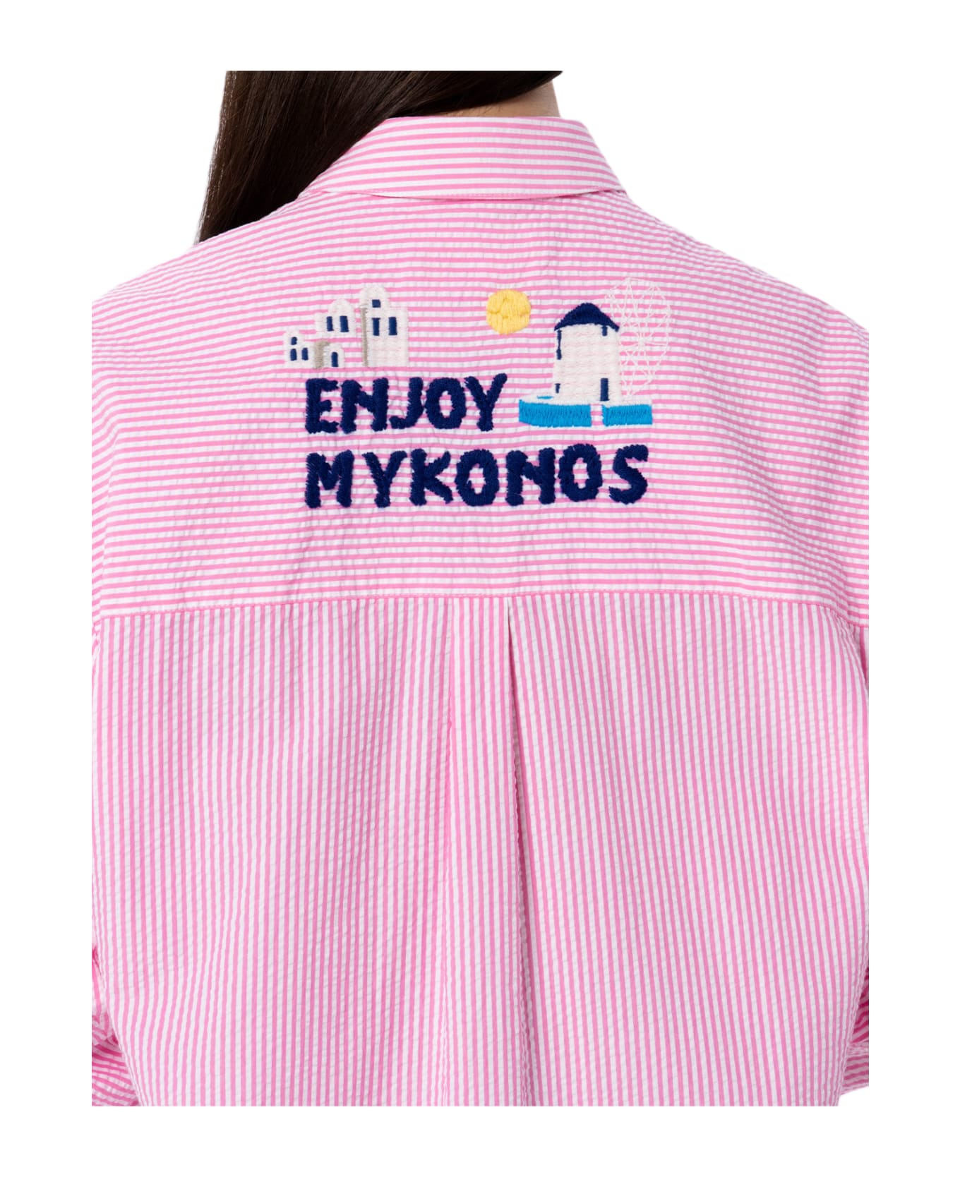 MC2 Saint Barth Woman Striped Seeruscker Cotton Over Shirt Brigitte With Front And Back Mykonos Embroidery - PINK