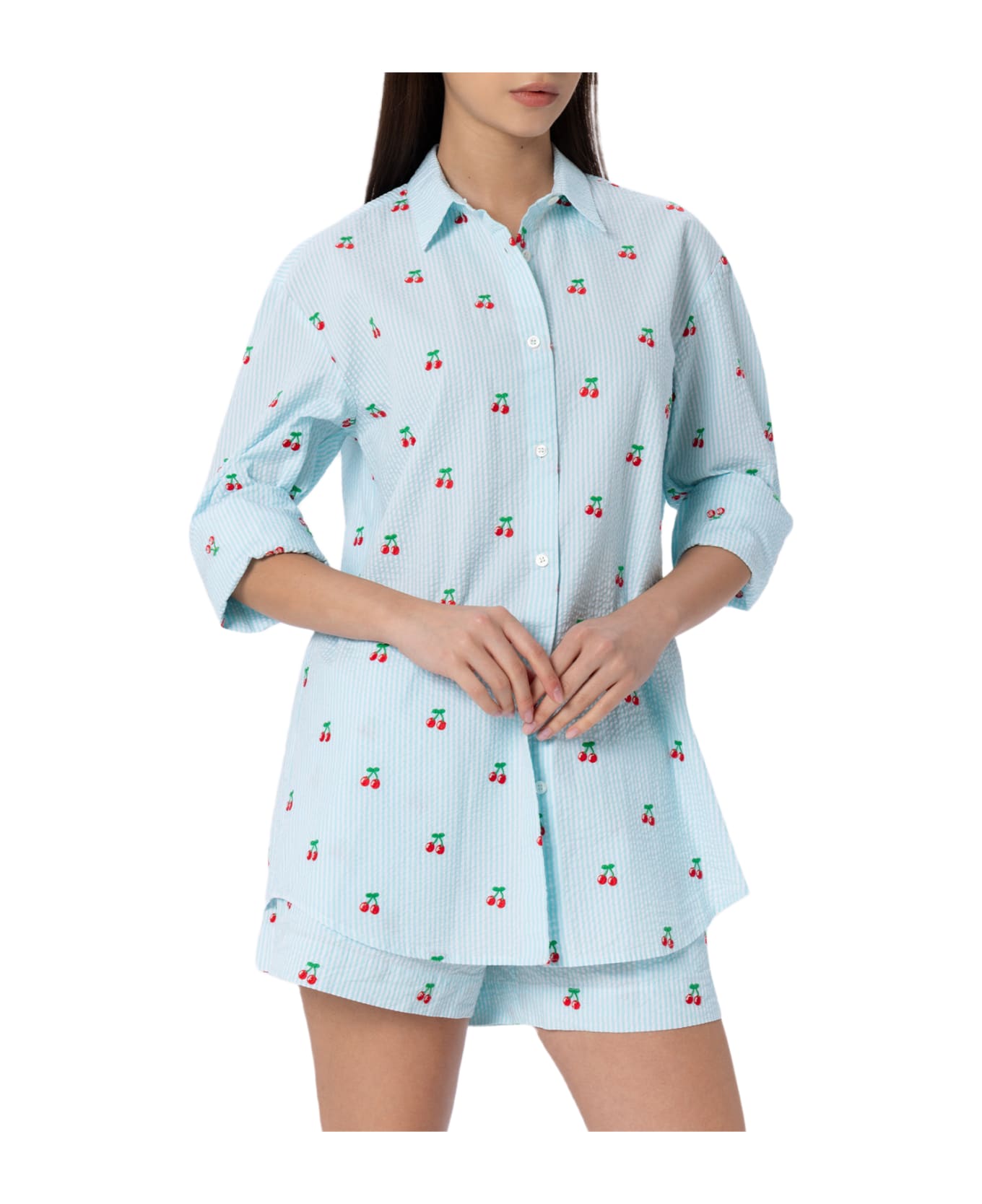 MC2 Saint Barth Woman Seersucker Cotton Shirt Brigitte With Cherry Patches - GREEN
