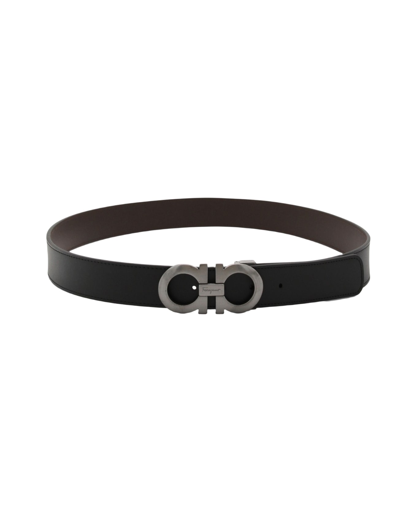 Ferragamo Black Leather Gancini Reversible Belt - NERO/HICKORY