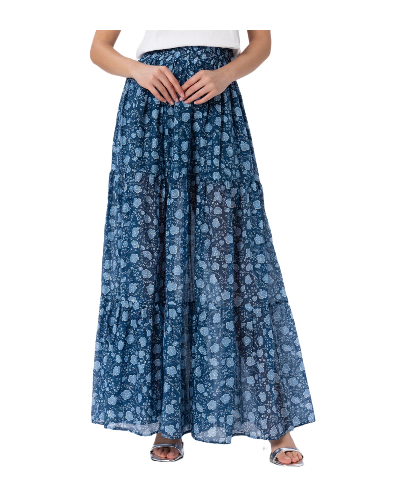 MC2 Saint Barth Woman Silk Voile Pleated Long Skirt Cheyenne - BLUE