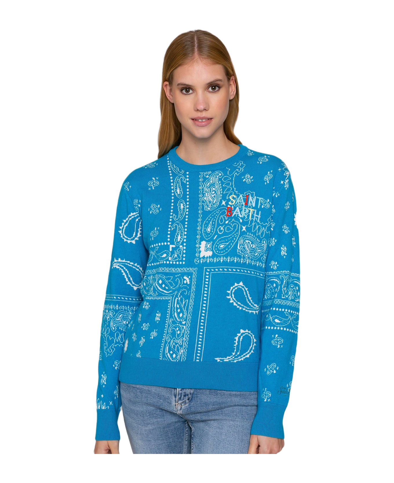 MC2 Saint Barth Woman Sweater With Bandanna Print And Saint Barth Embroidery - BLUE ニットウェア