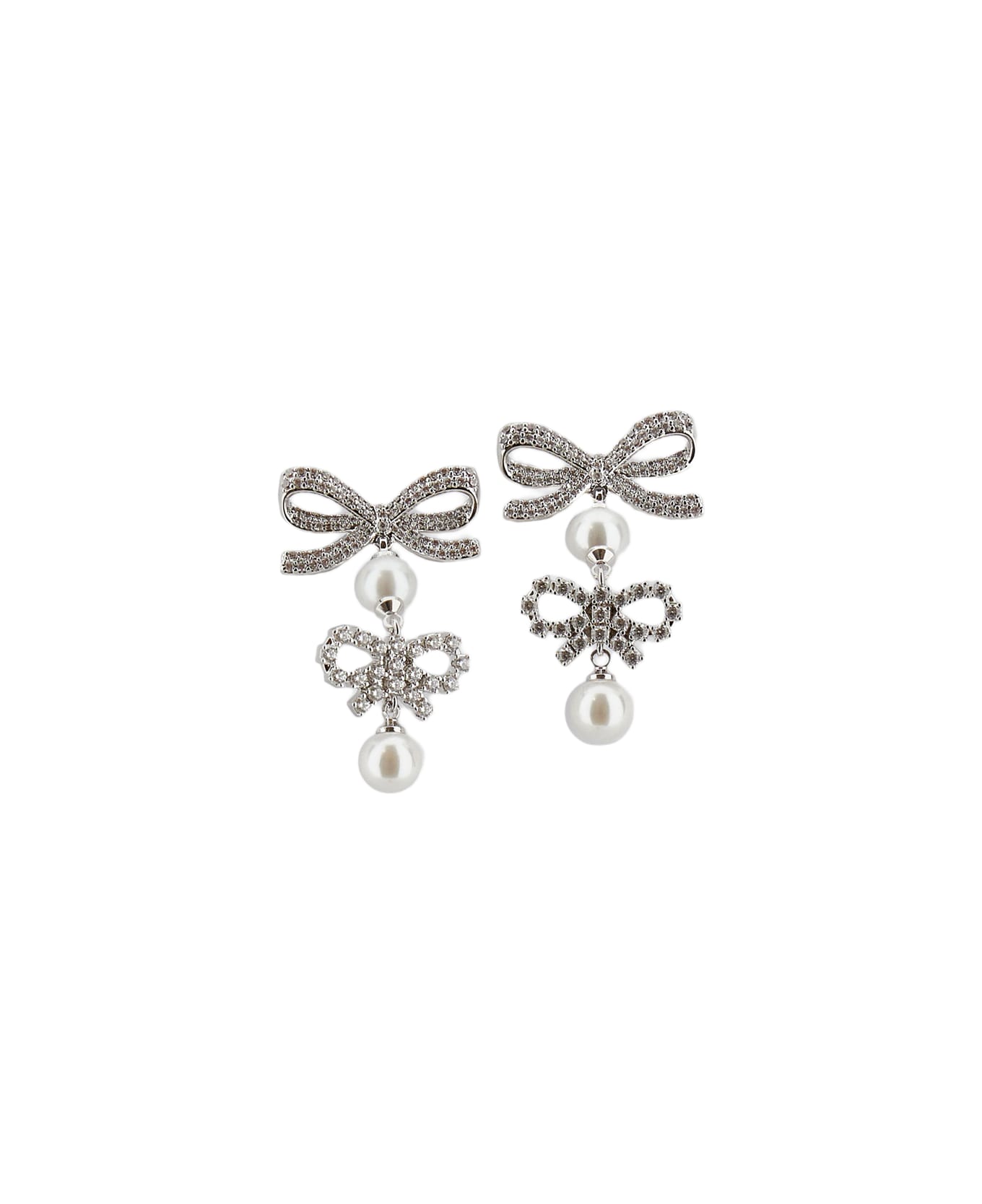 self-portrait Double Bow Pearl Earrings - Silver