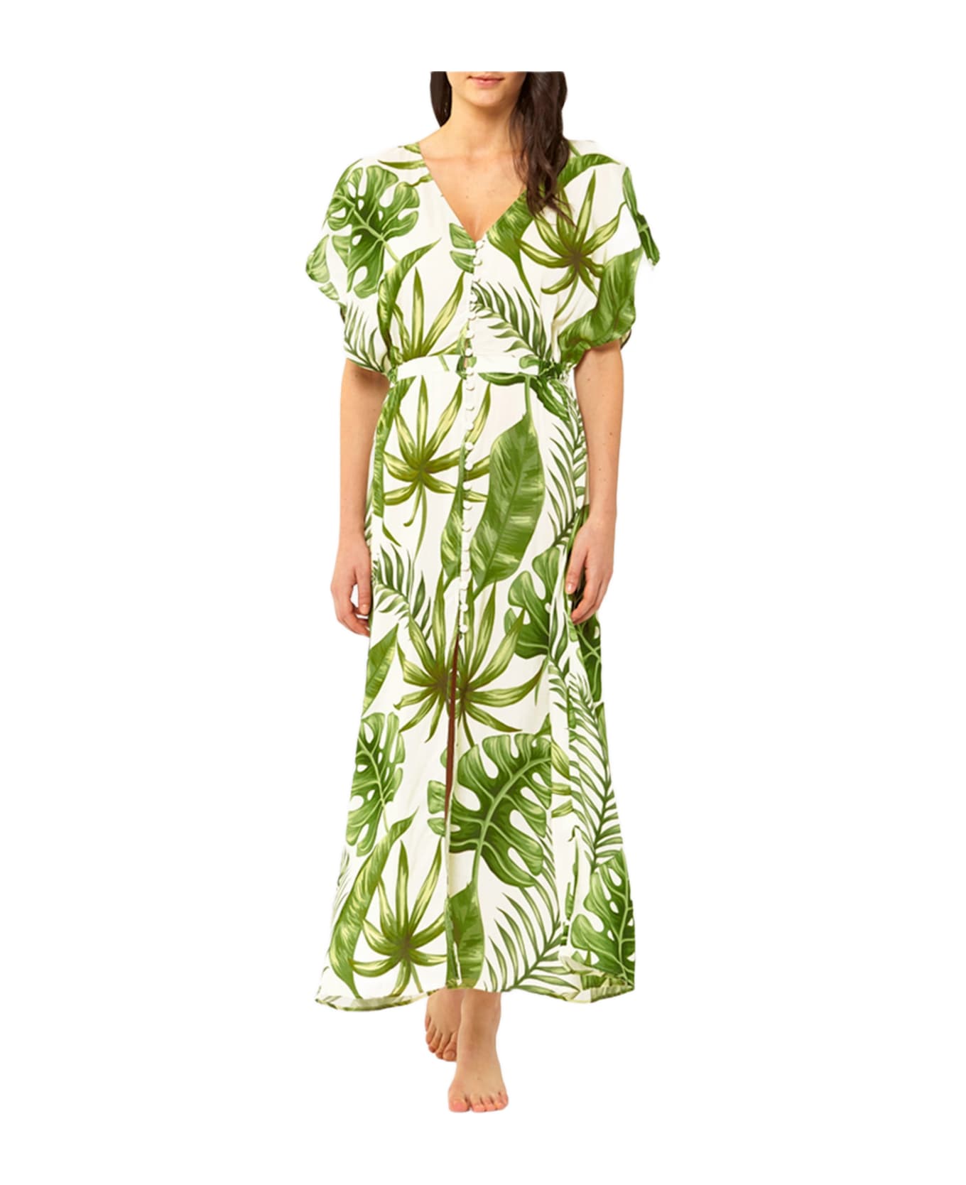 MC2 Saint Barth Tropical Leaves Print Long Dress - WHITE