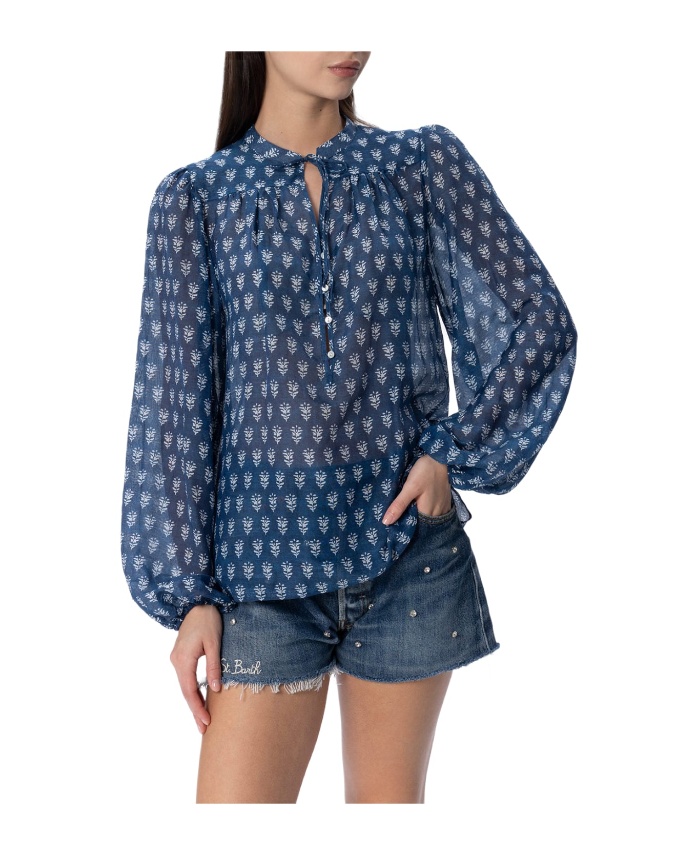 MC2 Saint Barth Woman Silk Voile Blouse Harper - BLUE