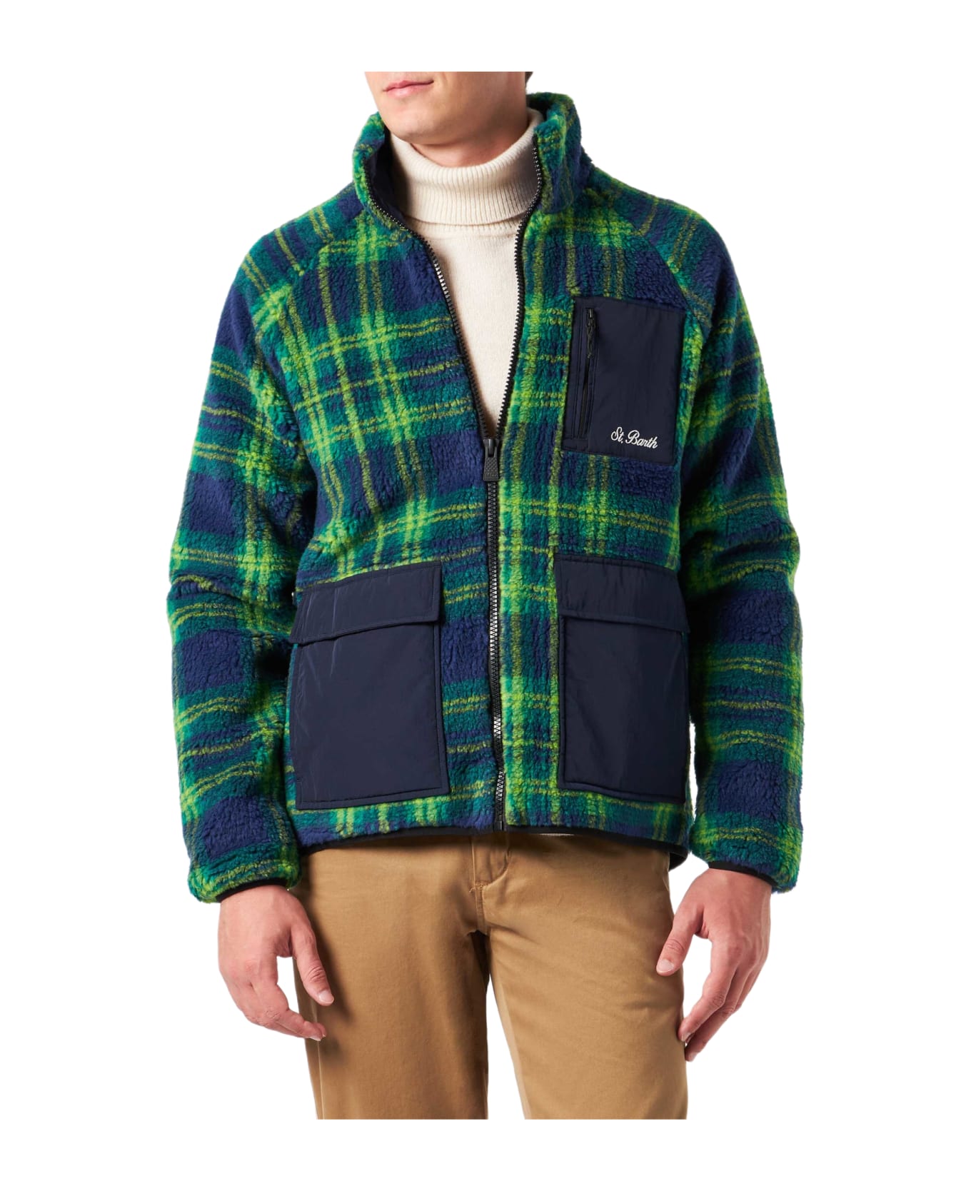 MC2 Saint Barth Man Sherpa Jacket With Tartan Print - BLUE