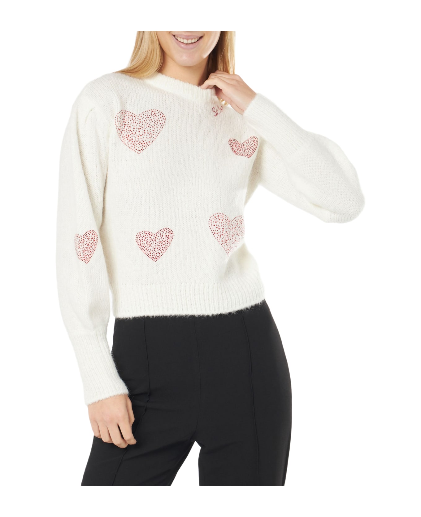 MC2 Saint Barth Woman Brushed White Sweater With Rhinestones Hearts - WHITE ニットウェア