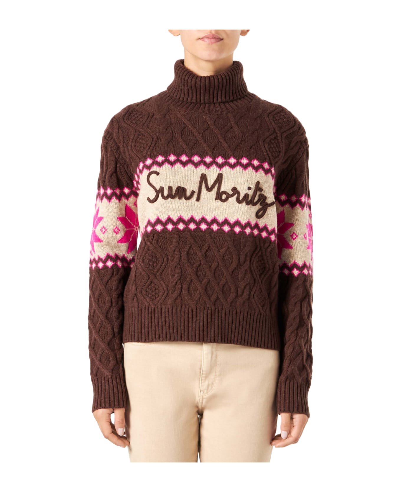 MC2 Saint Barth Woman Half-turtleneck Sweater With Sun Moritz Lettering - BROWN