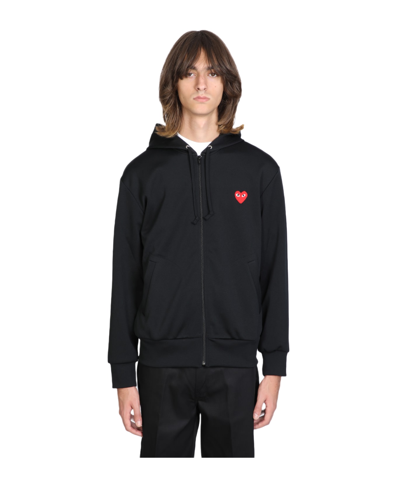 Comme des Garçons Play Mens Sweatshirt Knit Black Zip-up Hoodie With Red Heart Patch. - Black