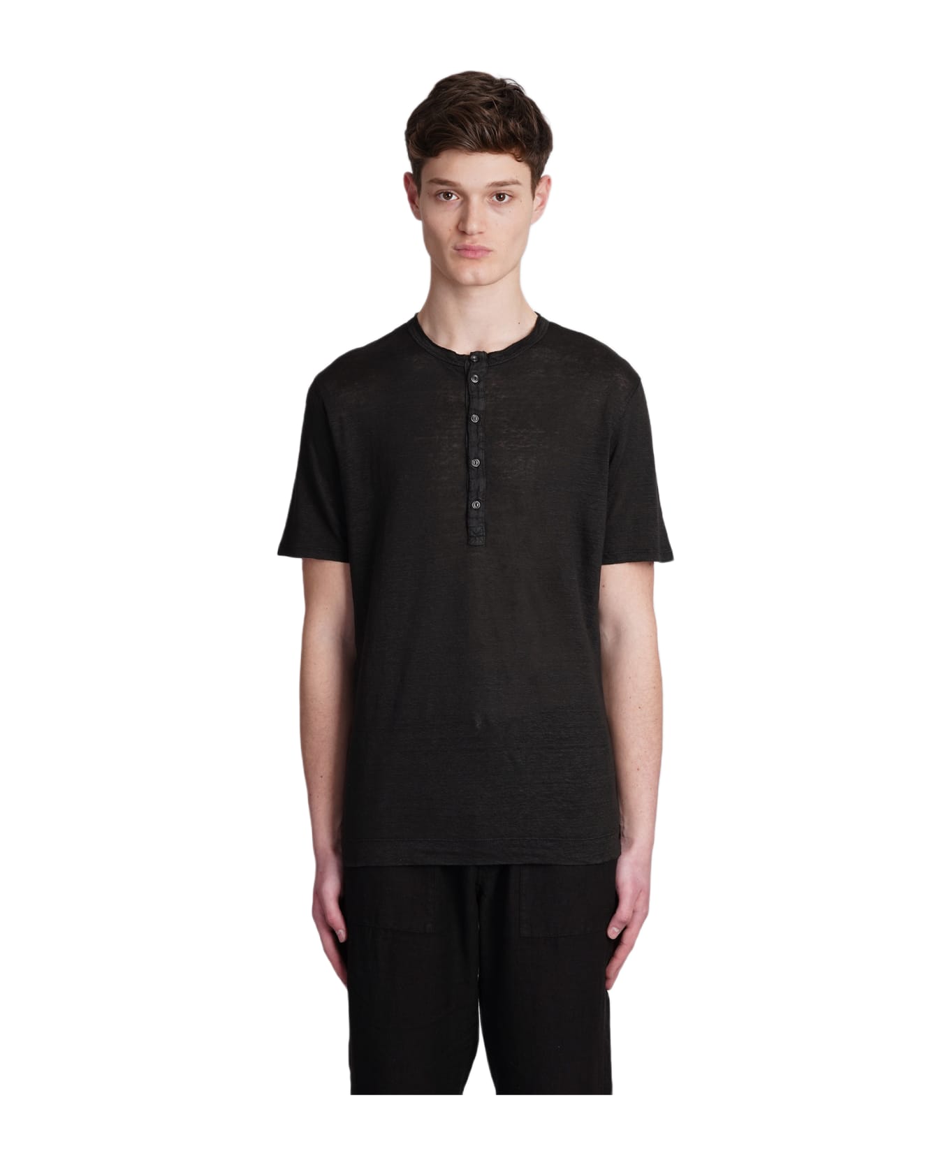 120% Lino T-shirt In Black Linen - black シャツ