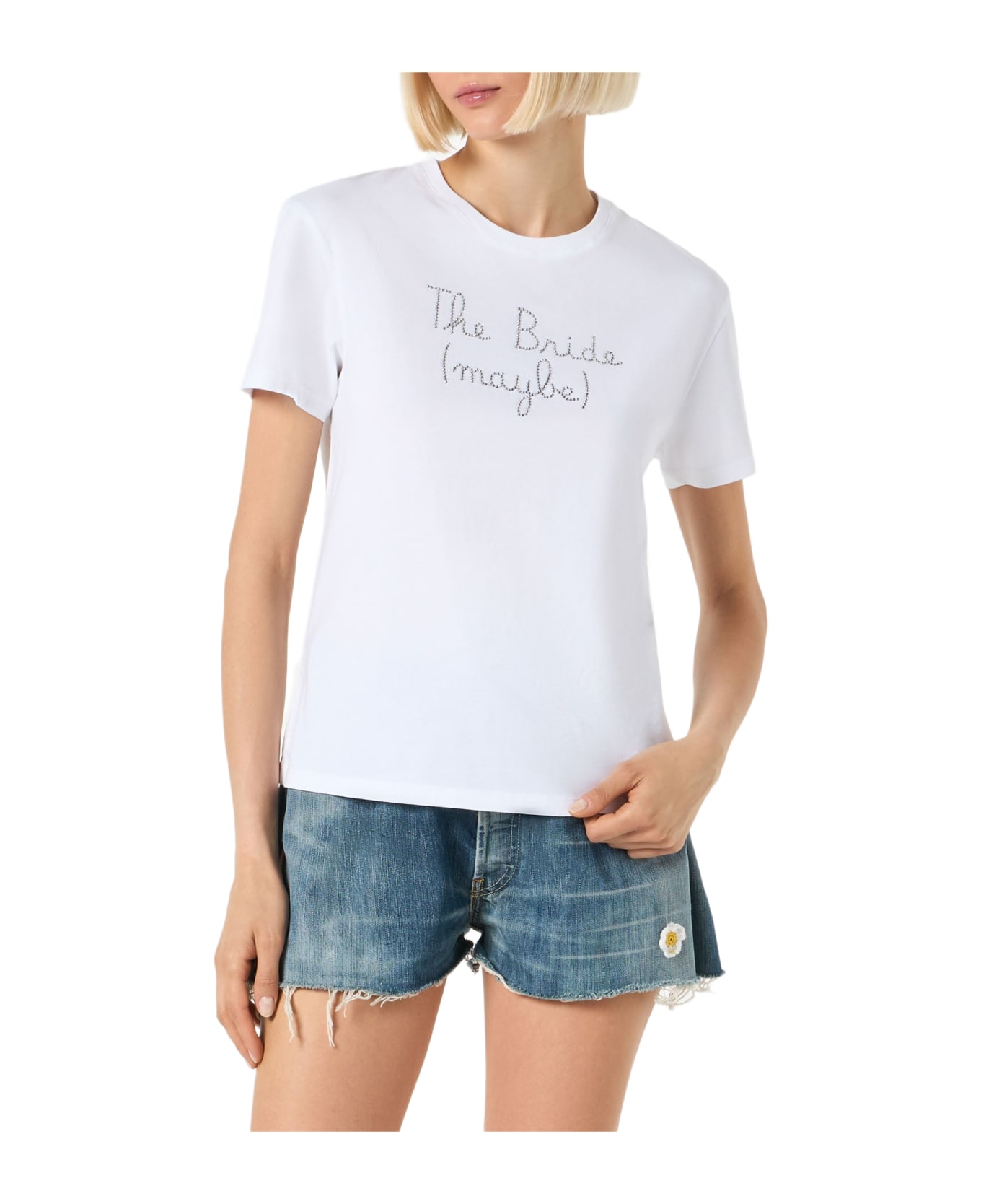 MC2 Saint Barth Woman Cotton T-shirt With The Bride (maybe) Rhinestone Embroidery - WHITE