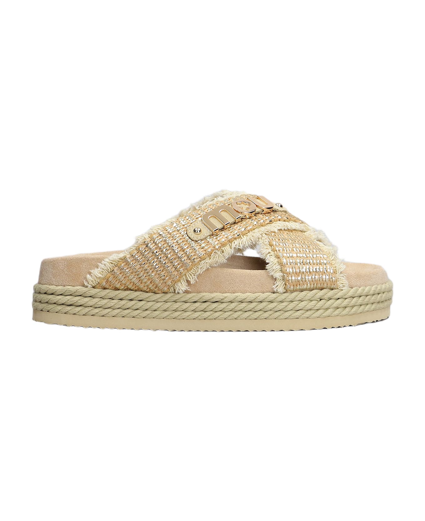 Mou Crisscross Flats In Beige Raffia - beige