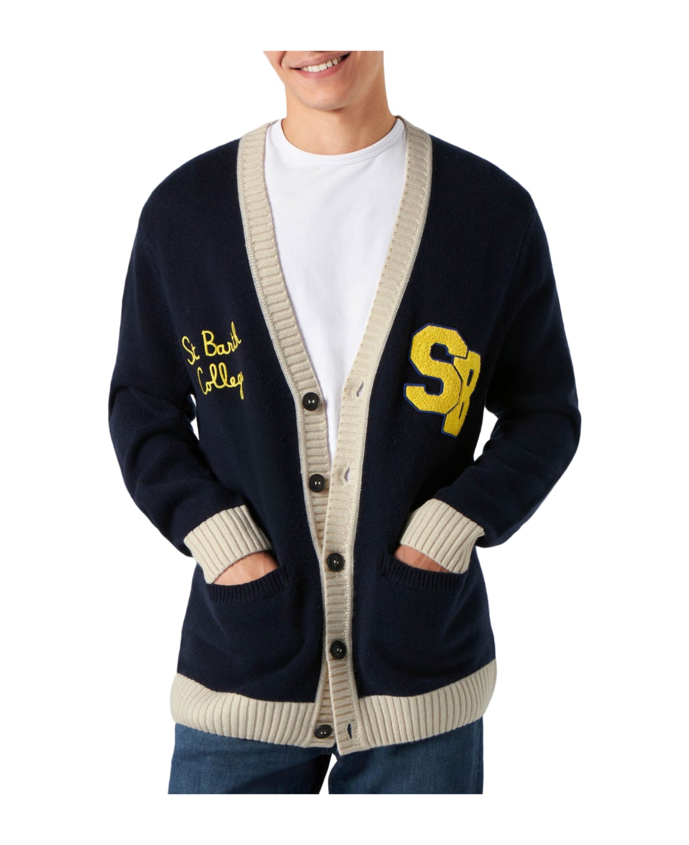 MC2 Saint Barth Knitted Cardigan With Patch And St. Barth College Embroidery - BLUE